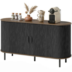 Fluted Sideboard Buffet Cabinet, 55" Mid Century Coffee Bar Cabinet with Sliding Doors and Adjustable Shelves, Black