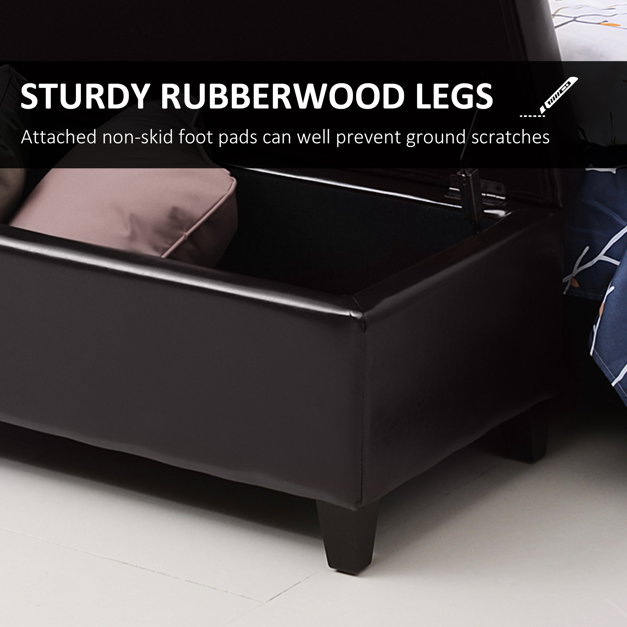 Storage Ottoman Bench, Foot Rest with Solid Wood Legs, 51 Inches PU Leather Storage Chest for Living Room, Brown - Image 3