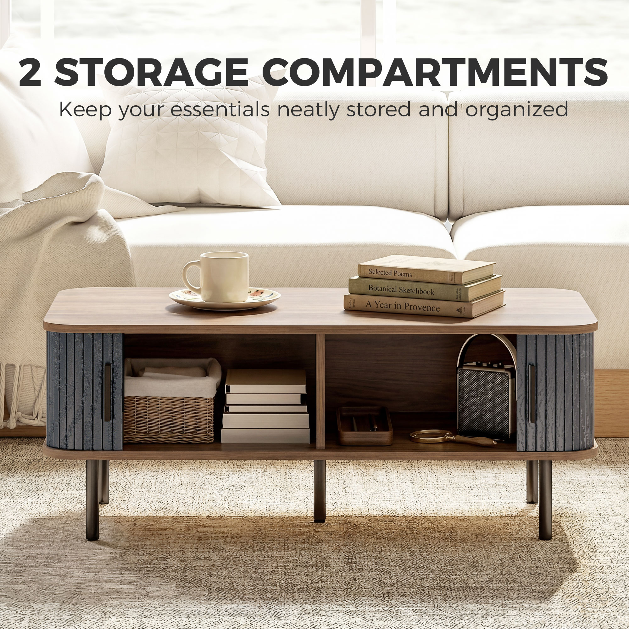 Nordic Side Table with Fluted Tambour Sliding Doors and Steel Legs, Coffee Table with Storage for Living Room, Black - Image 4