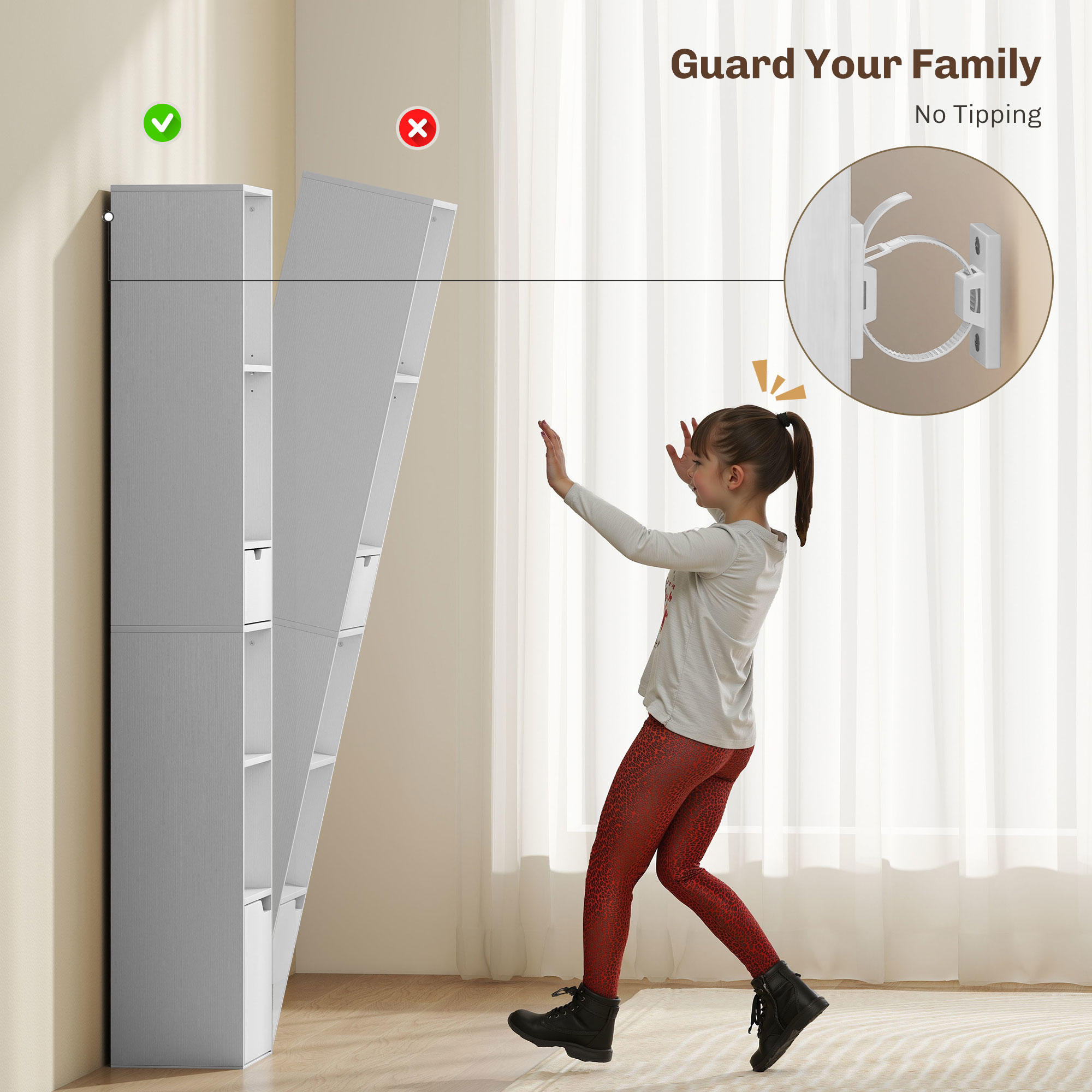 6-Tier Bookcase, Tall Narrow Bookshelf with Drawer and Door, White - Image 4