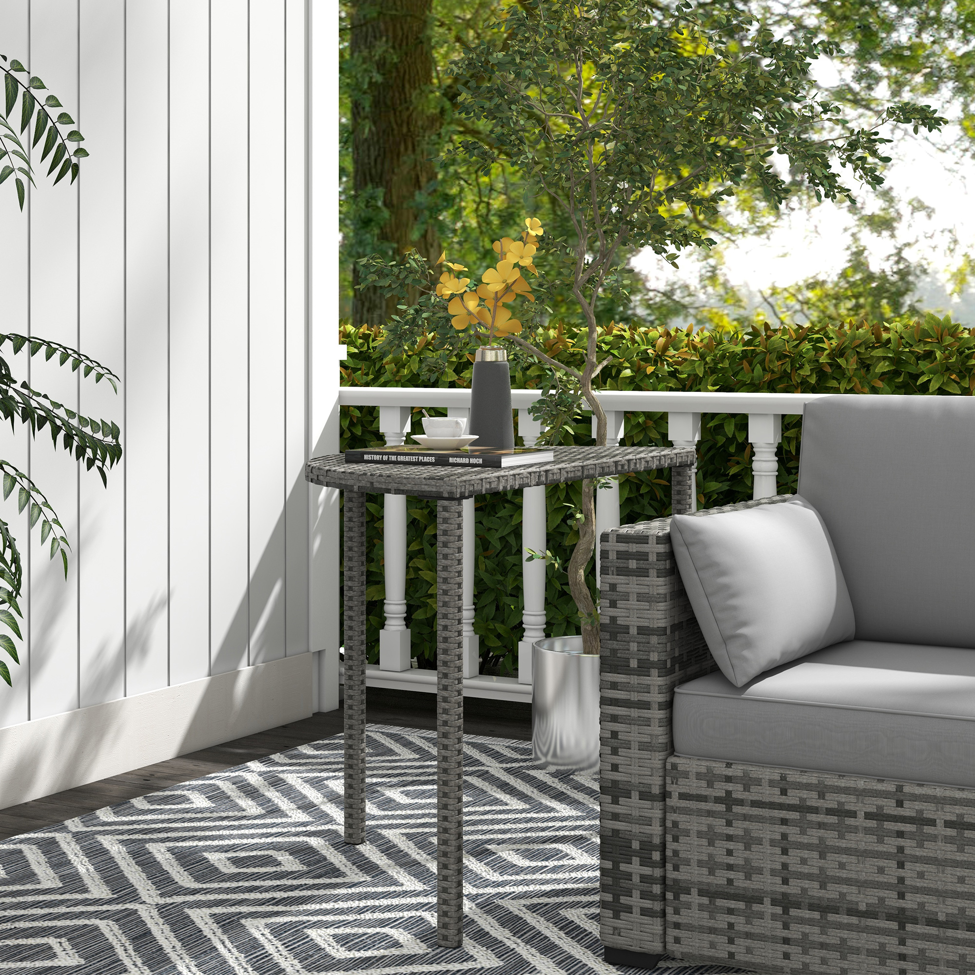 Half Round Side Table, PE Rattan Coffee Table with Metal Frame for Patio, Garden, Balcony, Grey - Image 6