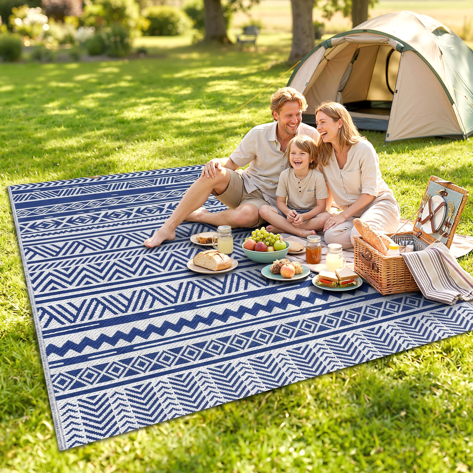 Reversible Outdoor Rug, Patio Floor Mat, 6' x 9' Plastic Rug for Backyard, Deck, Beach, Camping, Dark Blue and White - Image 6
