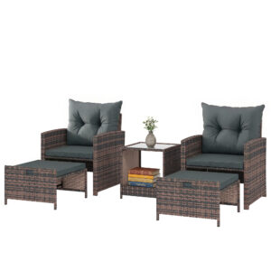 5 Piece Patio Furniture Set, Wicker Patio Chairs with Ottomans, 2-Tier Glass Coffee Table and Cushions, Brown/Dark Grey