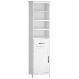 Tall Bathroom Storage Cabinet, Free Standing Bathroom Cabinet Slim Side Organizer w/ 3-Tier Open Shelf, Door, and Drawer, White