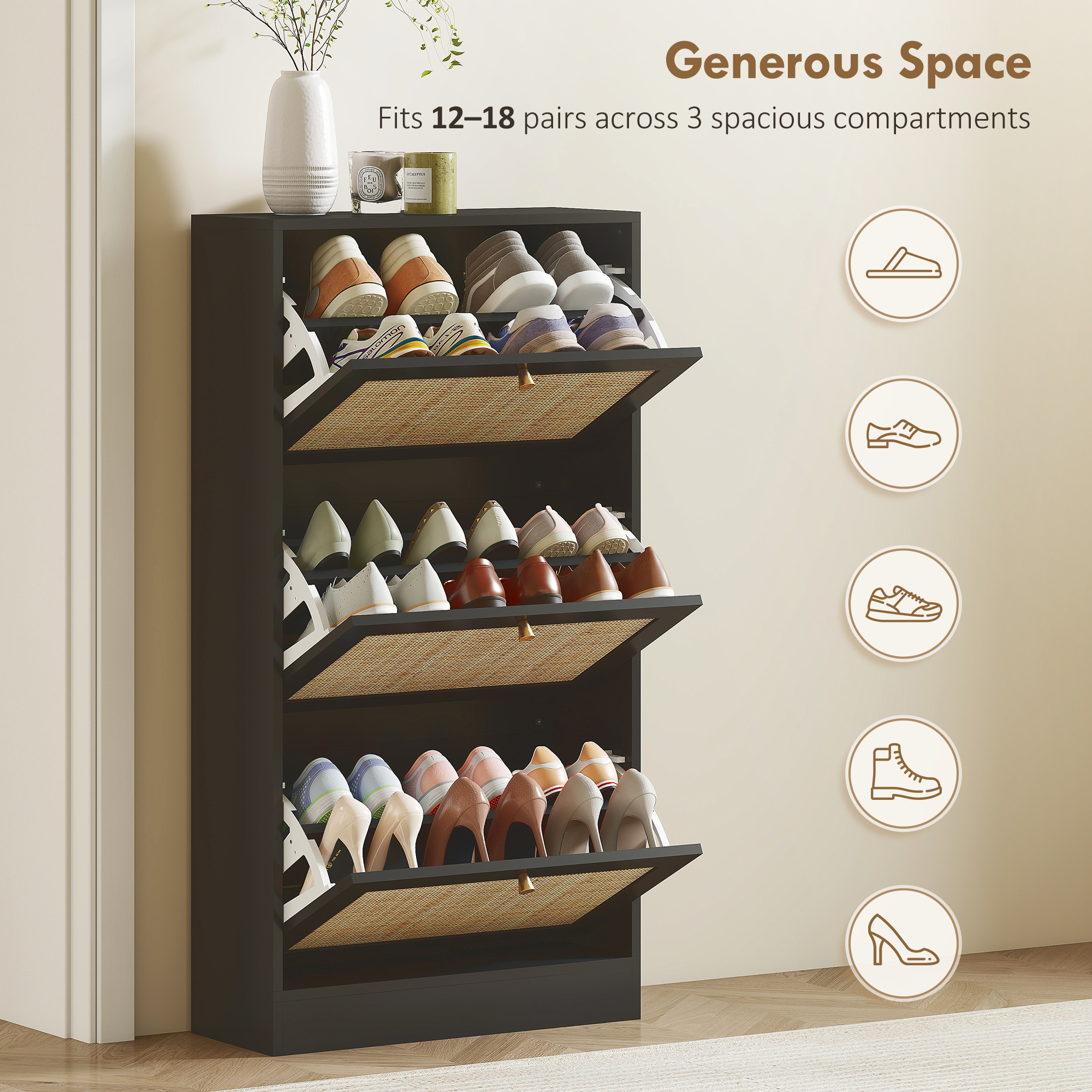 Rattan Shoe Storage Cabinet with 3 Flip Drawers and Adjustable Shelves, Entryway Shoe Cabinet for 18 Pairs, Black - Image 2