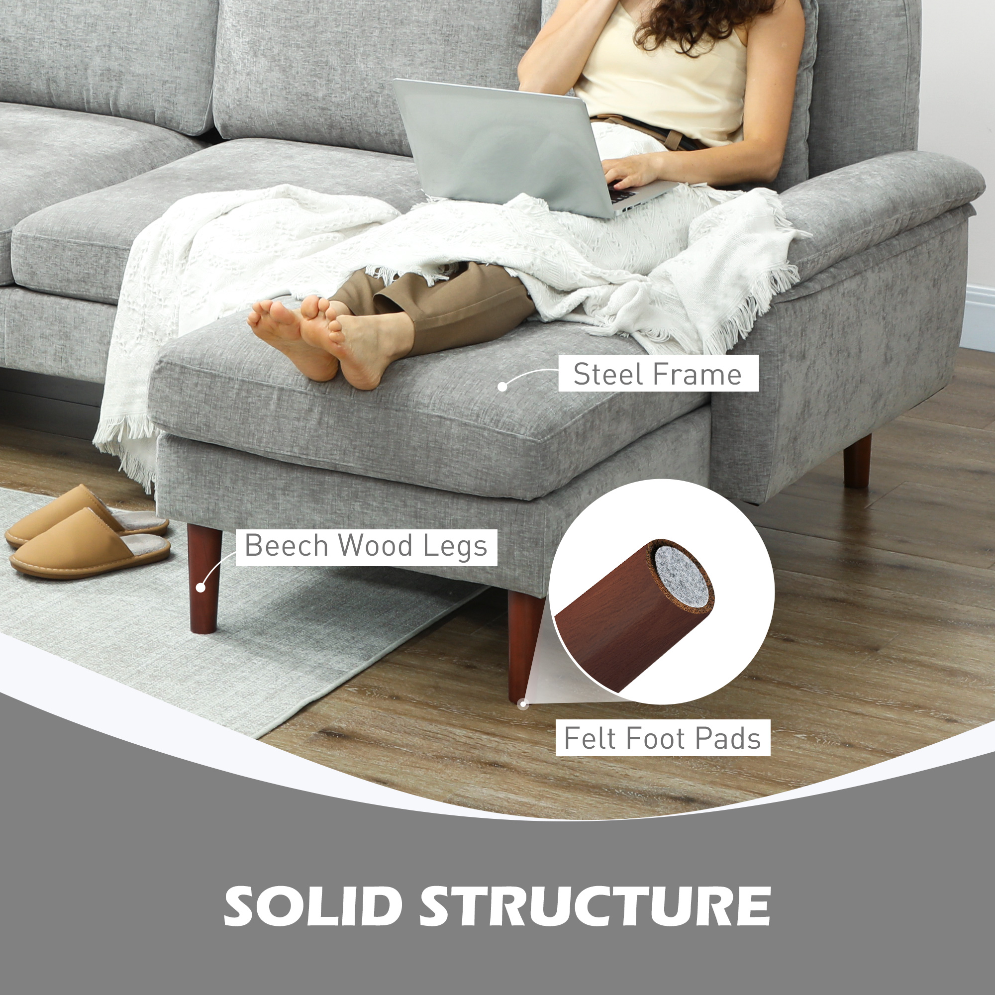 L-Shape Sofa, Modern Sectional Couch with Changeable Chaise Lounge, Pillows and Wooden Legs for Living Room, Grey - Image 5