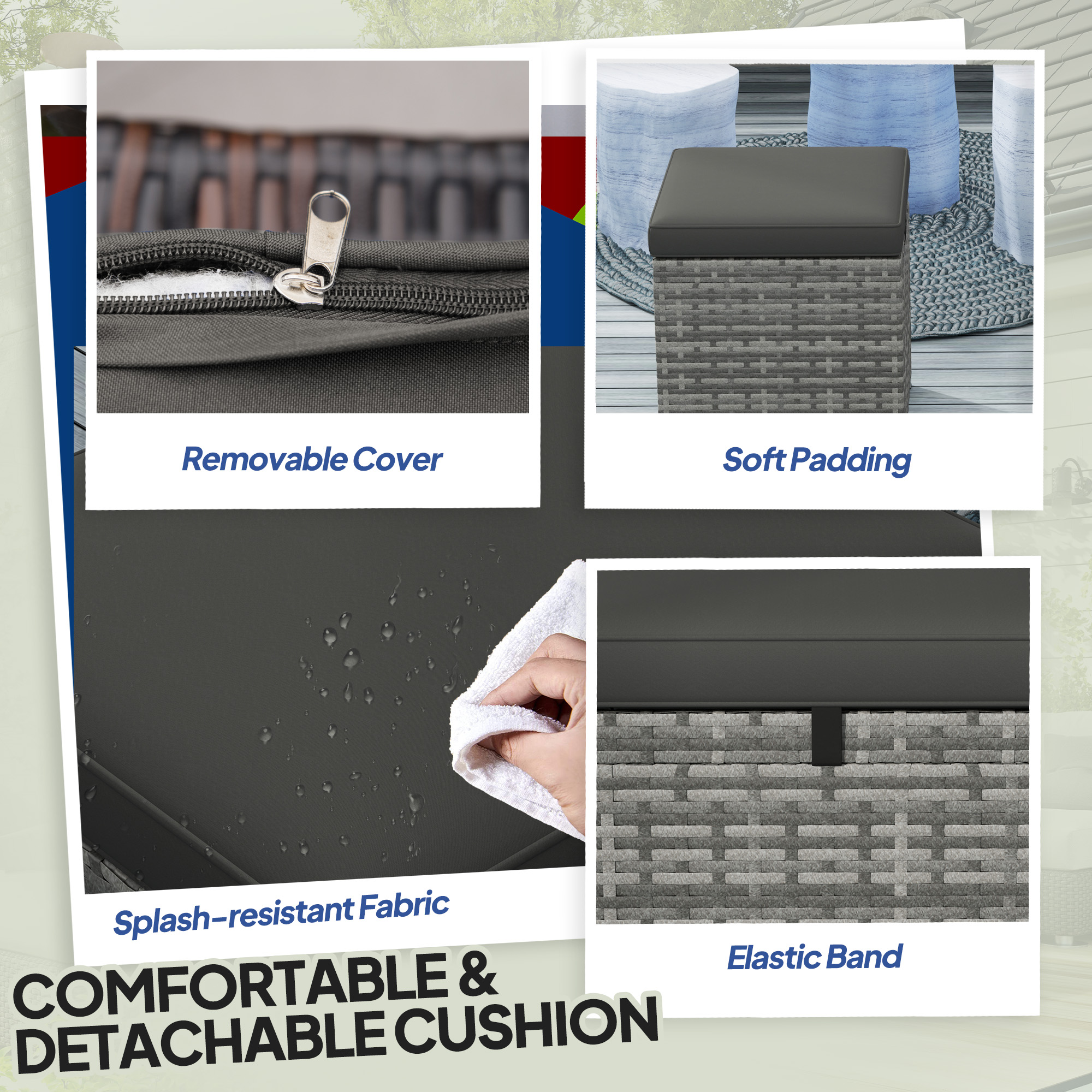 2 Pieces Wicker Outdoor Ottoman with Storage, Cushion, Square Outdoor Footstool, Seating, Side Table, Dark Grey - Image 4