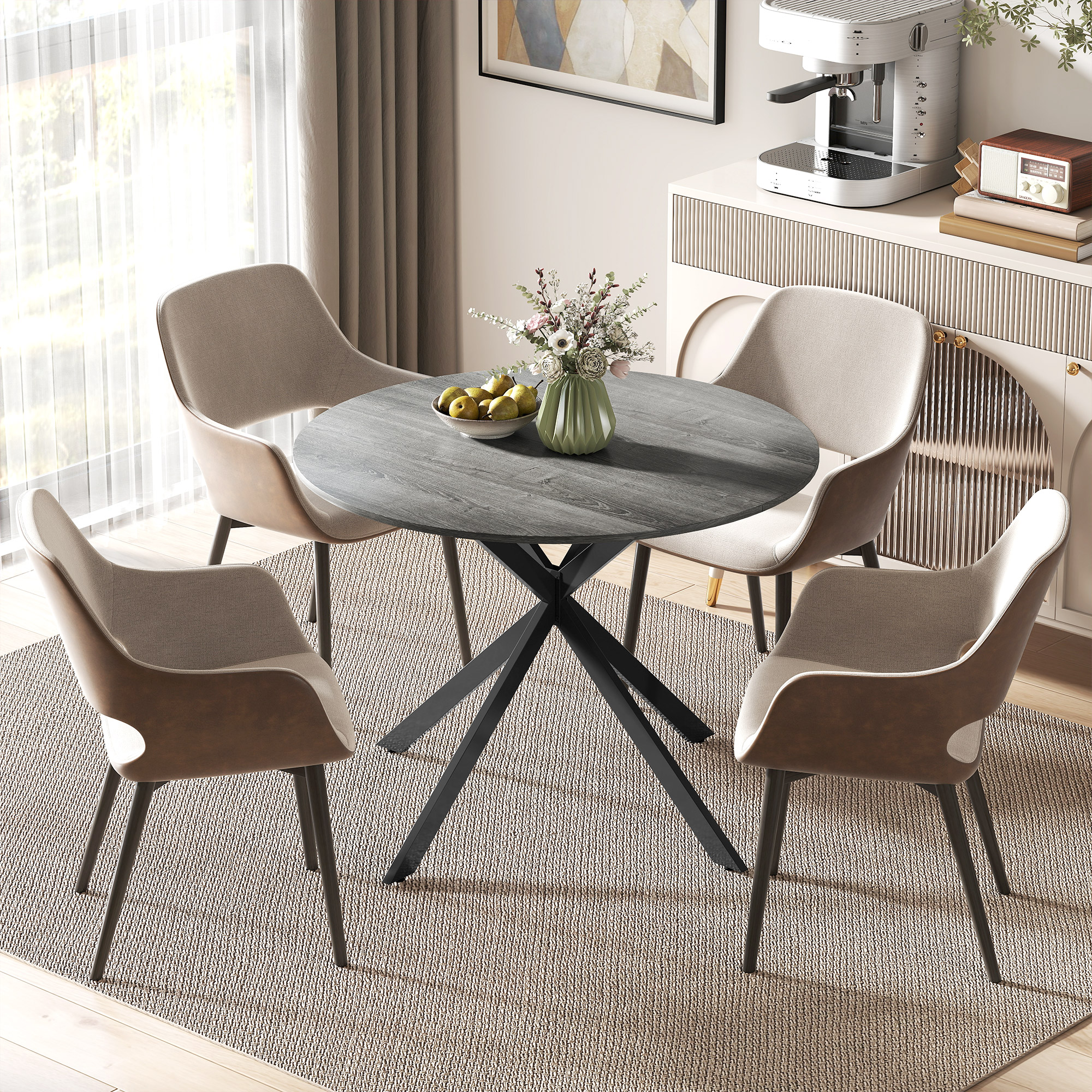 40" Round Kitchen Table for 4, Industrial Dining Table with Steel Legs for Dining Room, Distressed Grey - Image 6