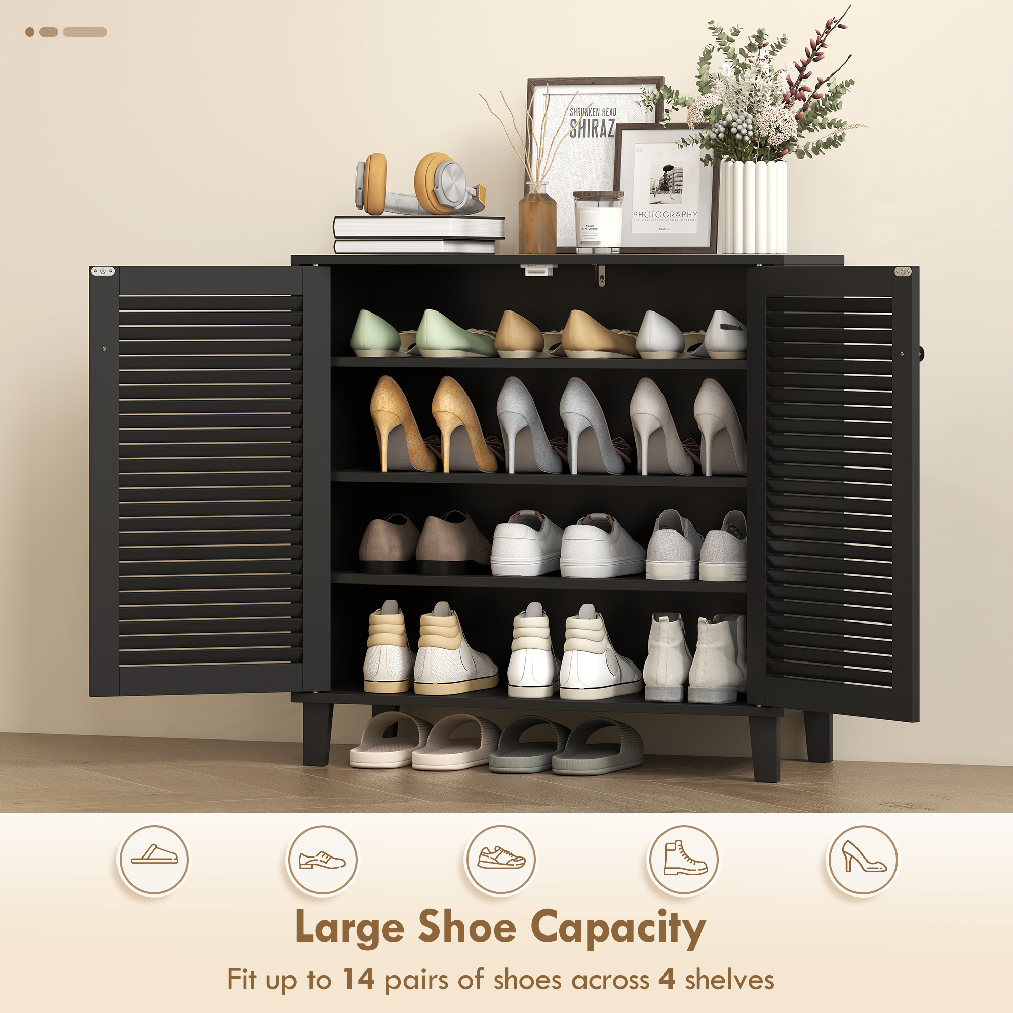 Shoe Cabinet with Adjustable Shelves Shoe Storage Cabinet with 2 Doors for Entryway Hallway Black - Image 2