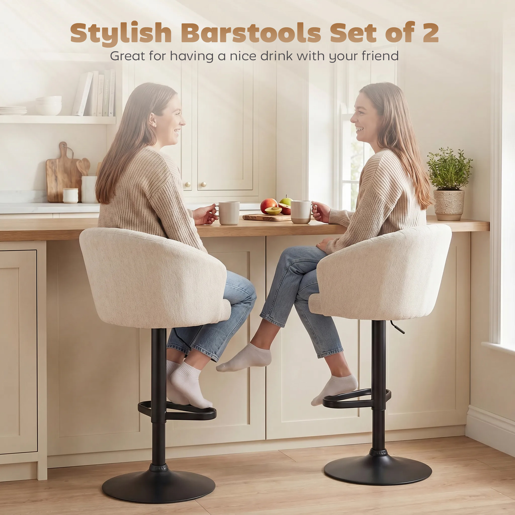 Bar Stools Set of 2, Swivel Counter Height Barstools with Back, Footrest, Adjustable Height, Beige - Image 2