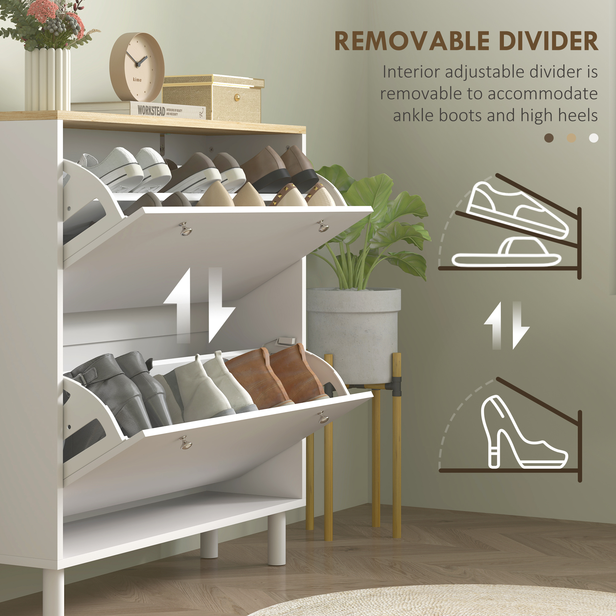 2 Drawers Shoe Storage Cabinet with Adjustable Shelves for 16 Pairs of Shoes, White - Image 4