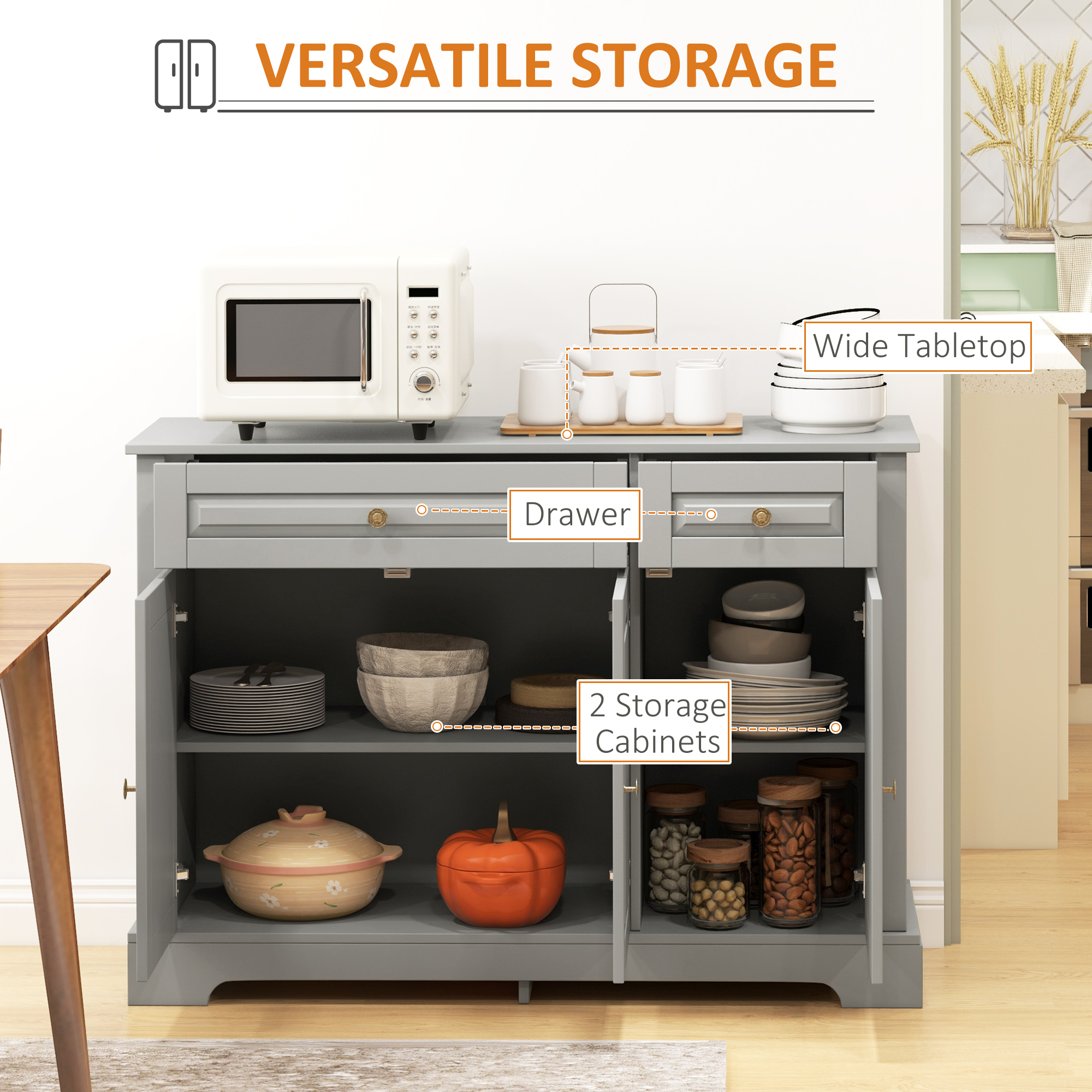 Modern Sideboard Cabinet, Buffet Cabinet with 2 Drawers and Adjustable Shelves, Buffets Tables for Dining Room, Grey - Image 2