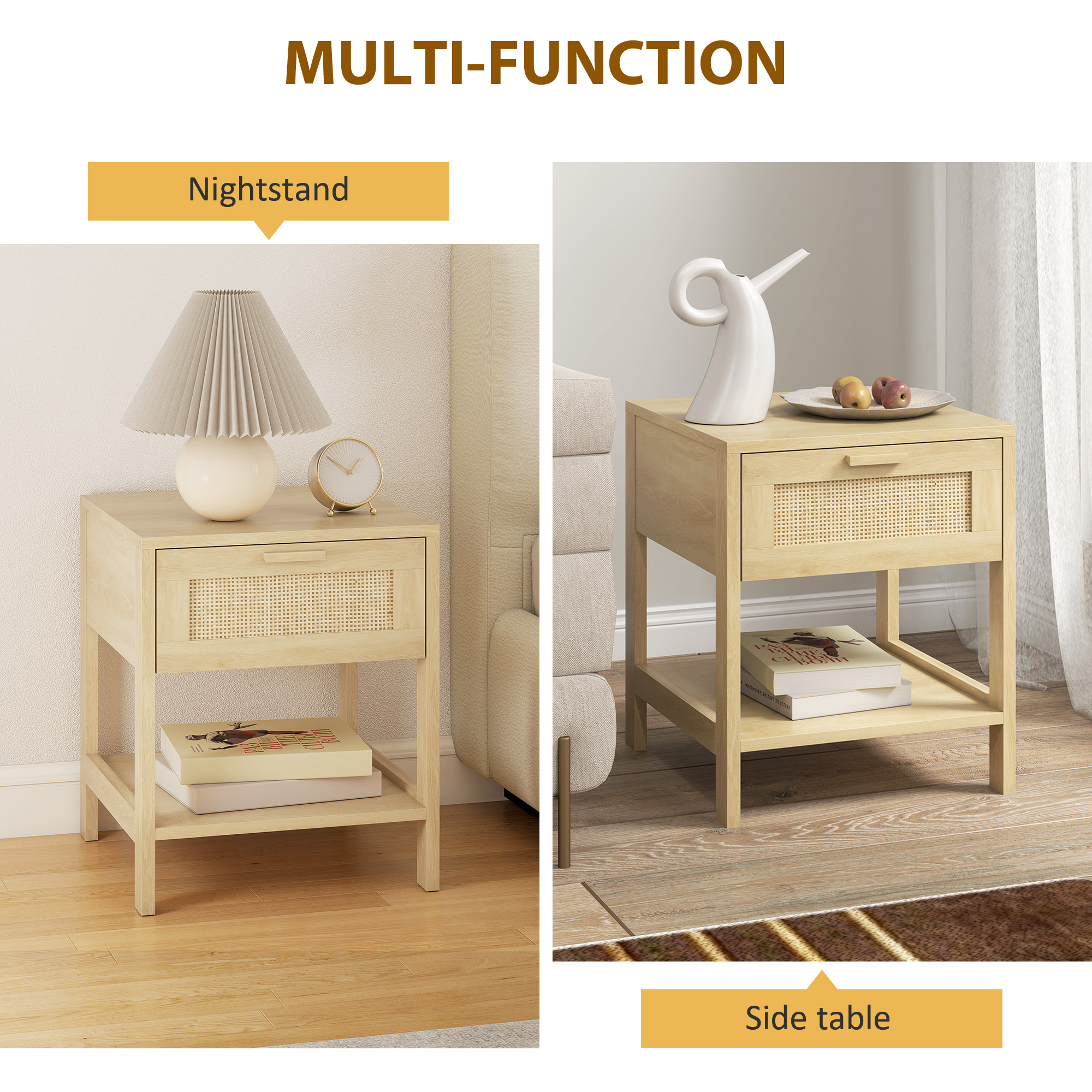 Narrow Nightstand with Rattan Elements, Bedside Table with Drawer and Storage Shelf for Bedroom, Set of 2, Natural Wood - Image 5