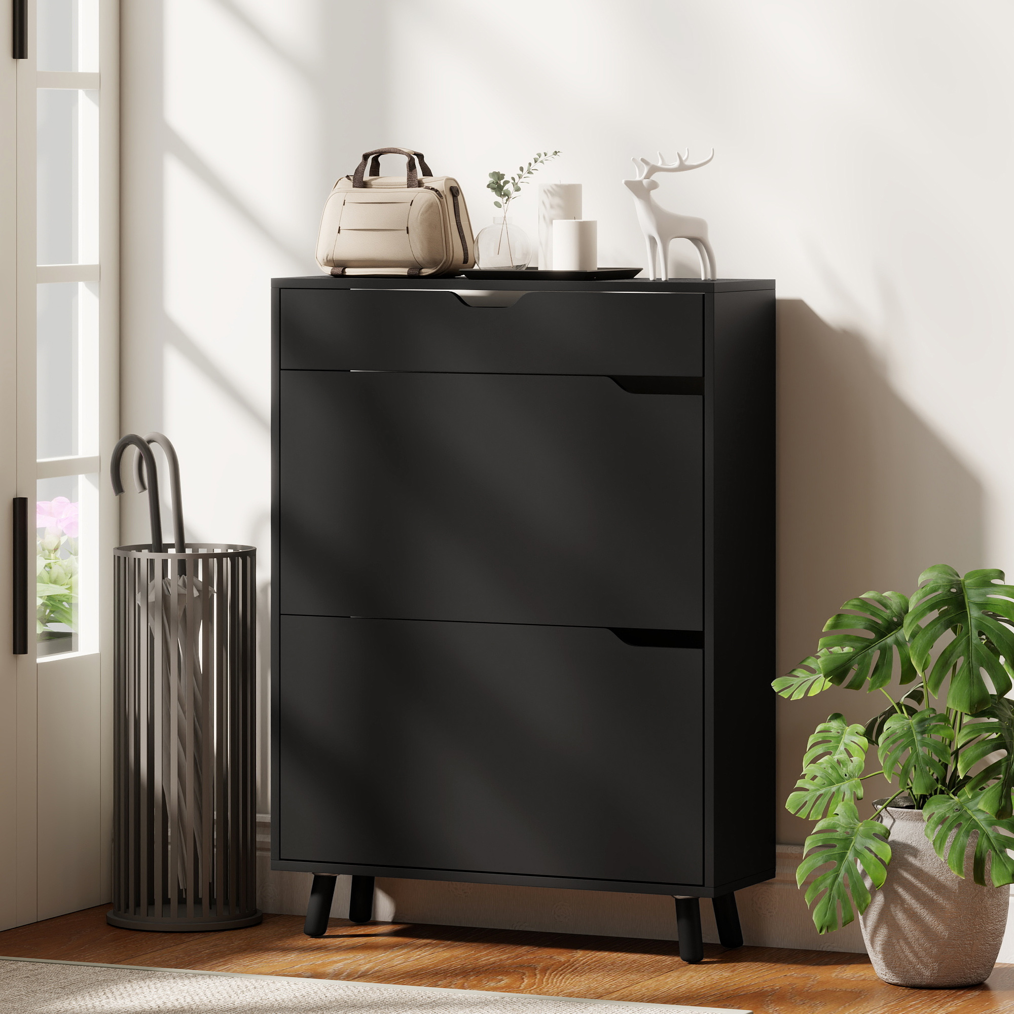 Narrow Shoe Cabinet for Entryway with 2 Flip Drawers, Top Drawer and Adjustable Shelves for 12 Pairs of Shoes, Black - Image 6