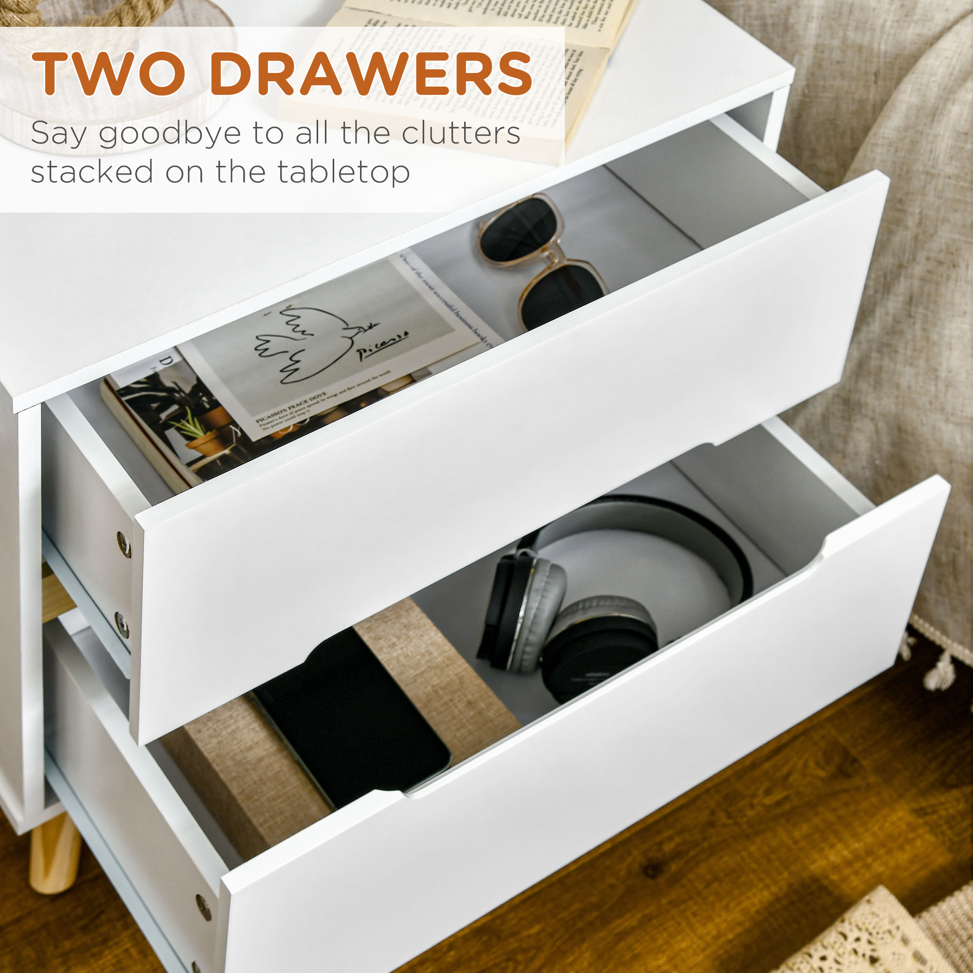 Nightstand, Bedside Table with 2 Drawers, Modern Side End Table with Solid Wood Legs for Bedroom, White - Image 3