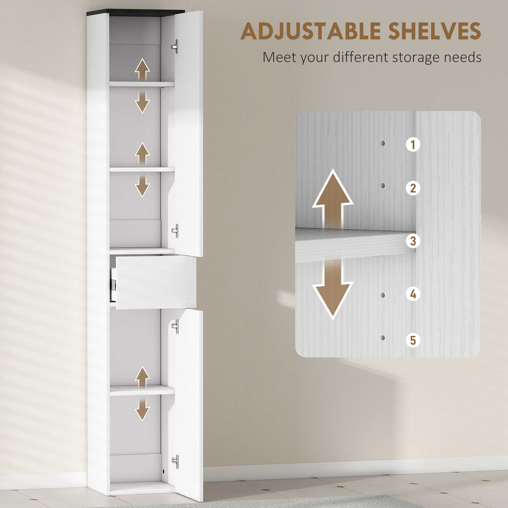 Tall Bathroom Cabinet with 2 Cupboards and Drawer, Slim Bathroom Storage Cabinet with Adjustable Shelves, White - Image 3