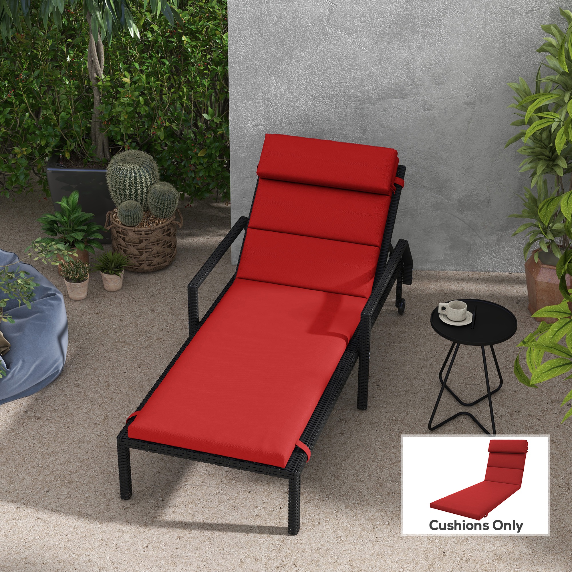 Patio Chaise Lounge Chair Cushion Replacement Sun Lounger Pads with Headrest and Ties, Wine Red - Image 6