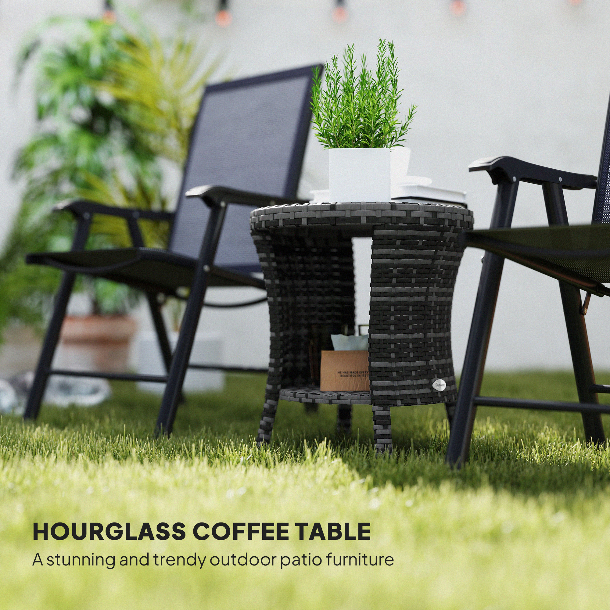 18" Wicker Outdoor Coffee Table, PE Rattan Patio Side Table with 2-Tier Storage, Composite Wood Top, Grey - Image 2