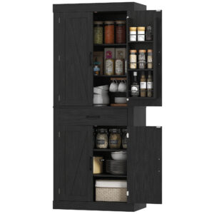 72" Kitchen Pantry Cabinet, Farmhouse Kitchen Storage Cabinet with 4 Barn Doors, 6 Door Shelves, Drawer, Black