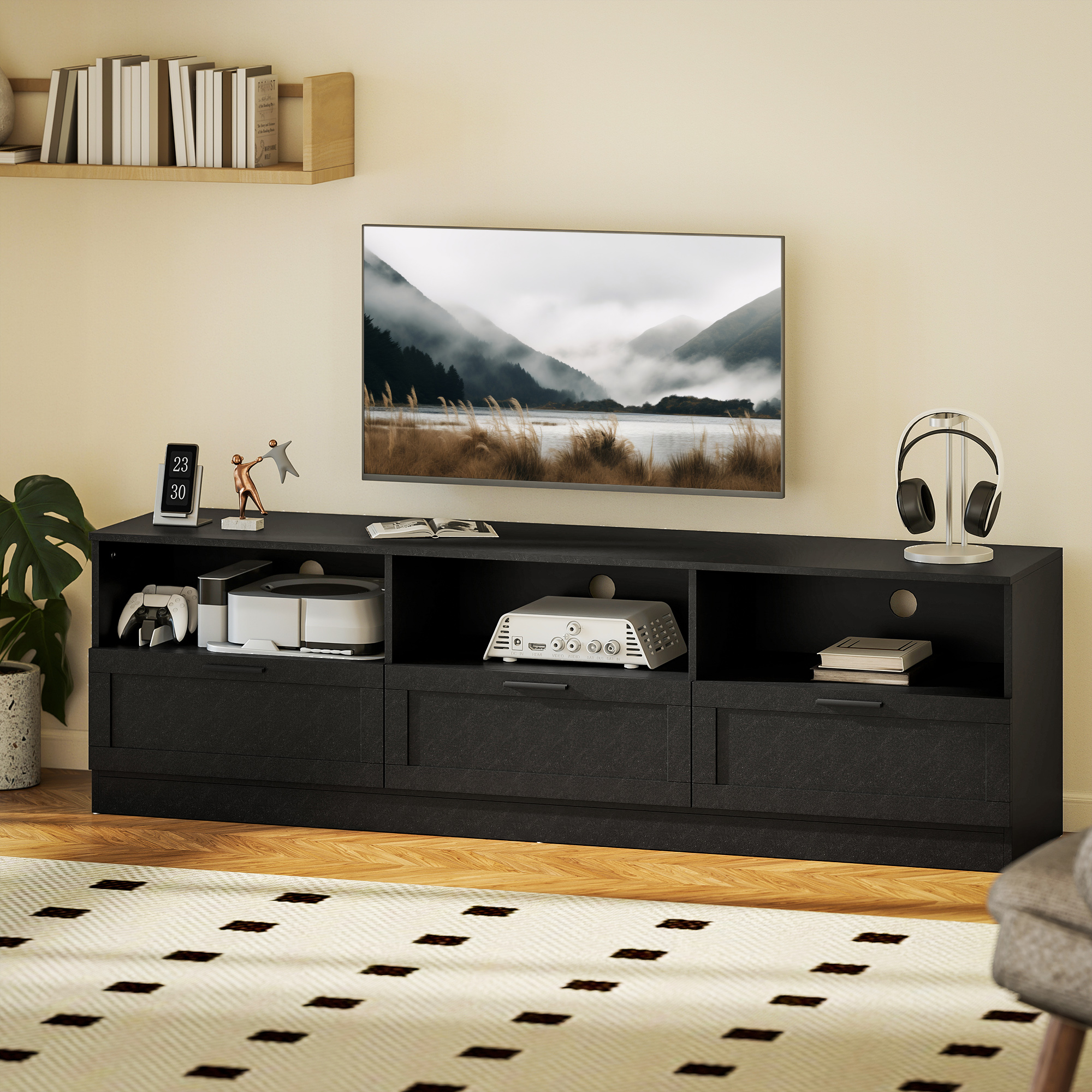 TV Stand with Storage, Modern Entertainment Center with 3 Cabinets and 3 Open Shelves, for TVs up to 85", Black - Image 6