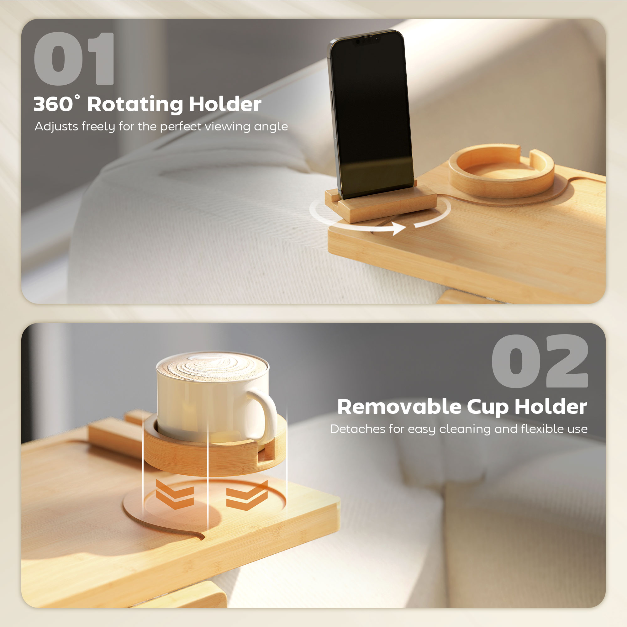 Couch Arm Tray, Clip-On Side Table with 360° Rotating Phone Holder and Removable Cup Holder, Natural - Image 4