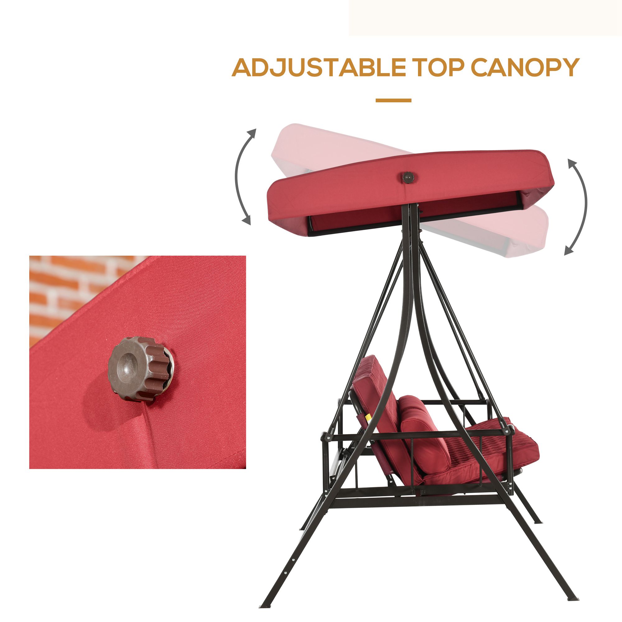 3 Person Porch Swing Bed, 2-in-1 Convertible Outdoor Patio Swing Chair Bench Hammock with Adjustable Canopy, Cushions, Pillows for Porch and Backyard, Red - Image 3