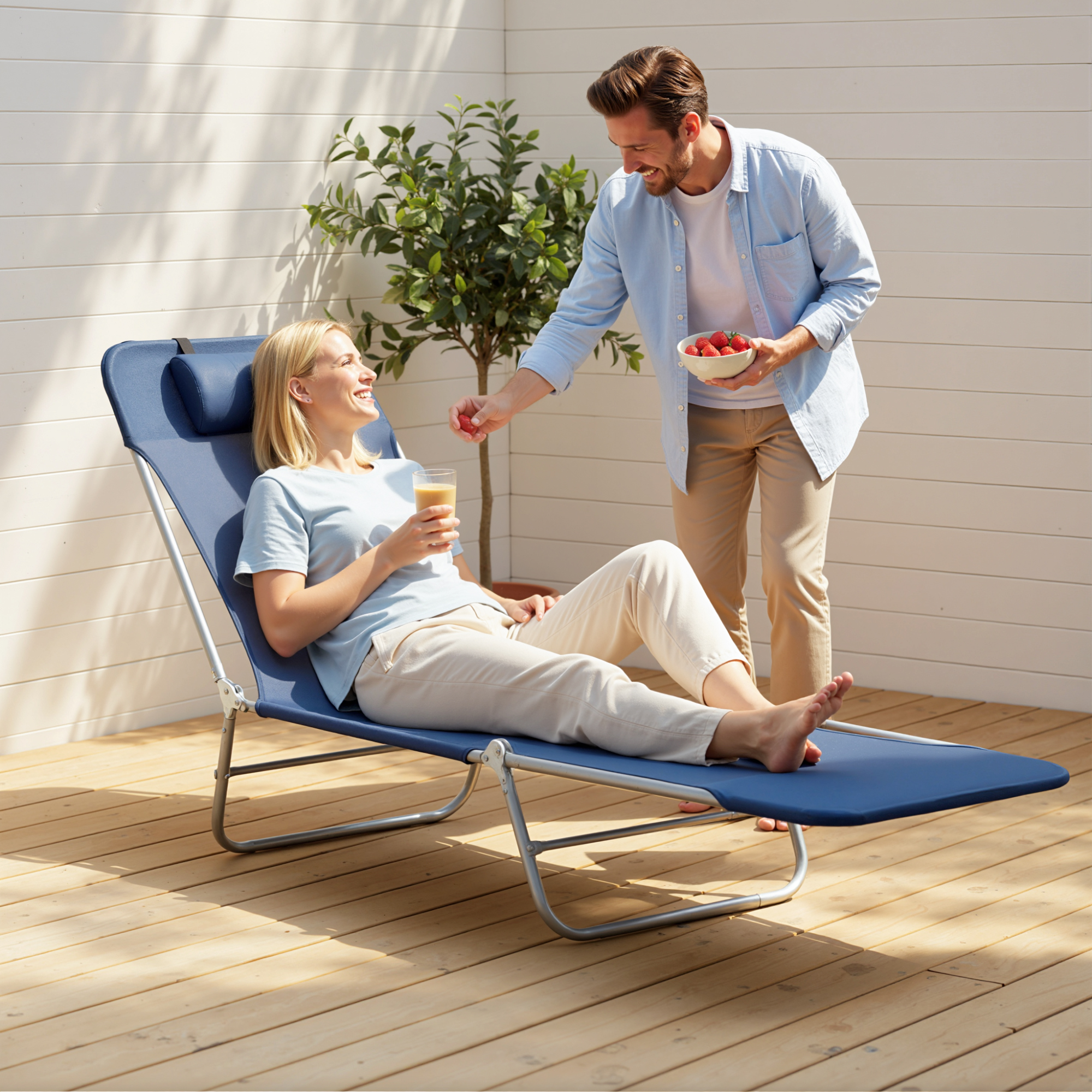 Outdoor Lounge Chair, Portable Adjustable Reclining Seat Folding Chaise Lounge Patio Camping Beach Tanning Chair Bed with Pillow, Dark Blue - Image 5