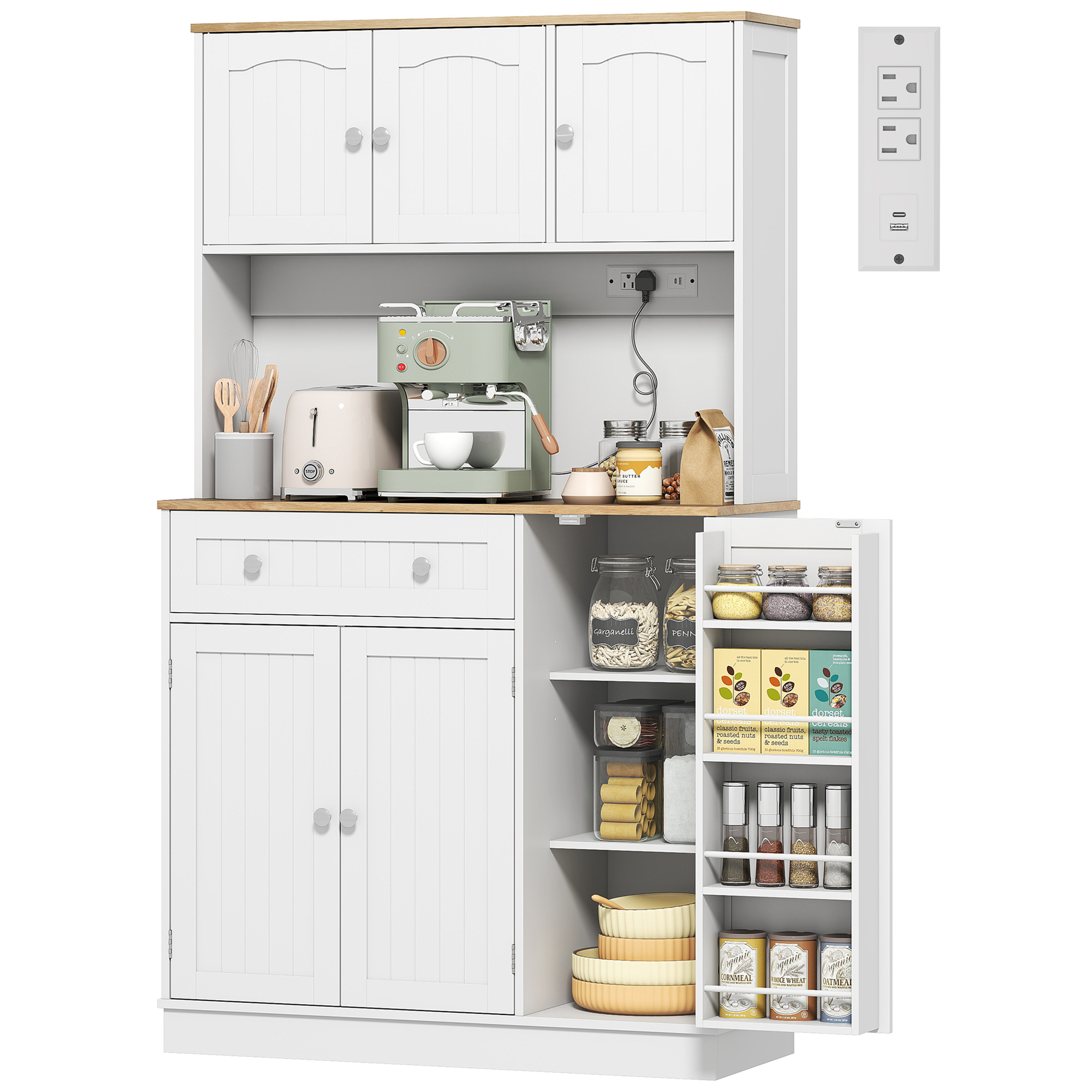 68" Pantry Cabinet with Charging Station, Kitchen Storage Cabinet with Microwave Stand, 4 Door Racks, White