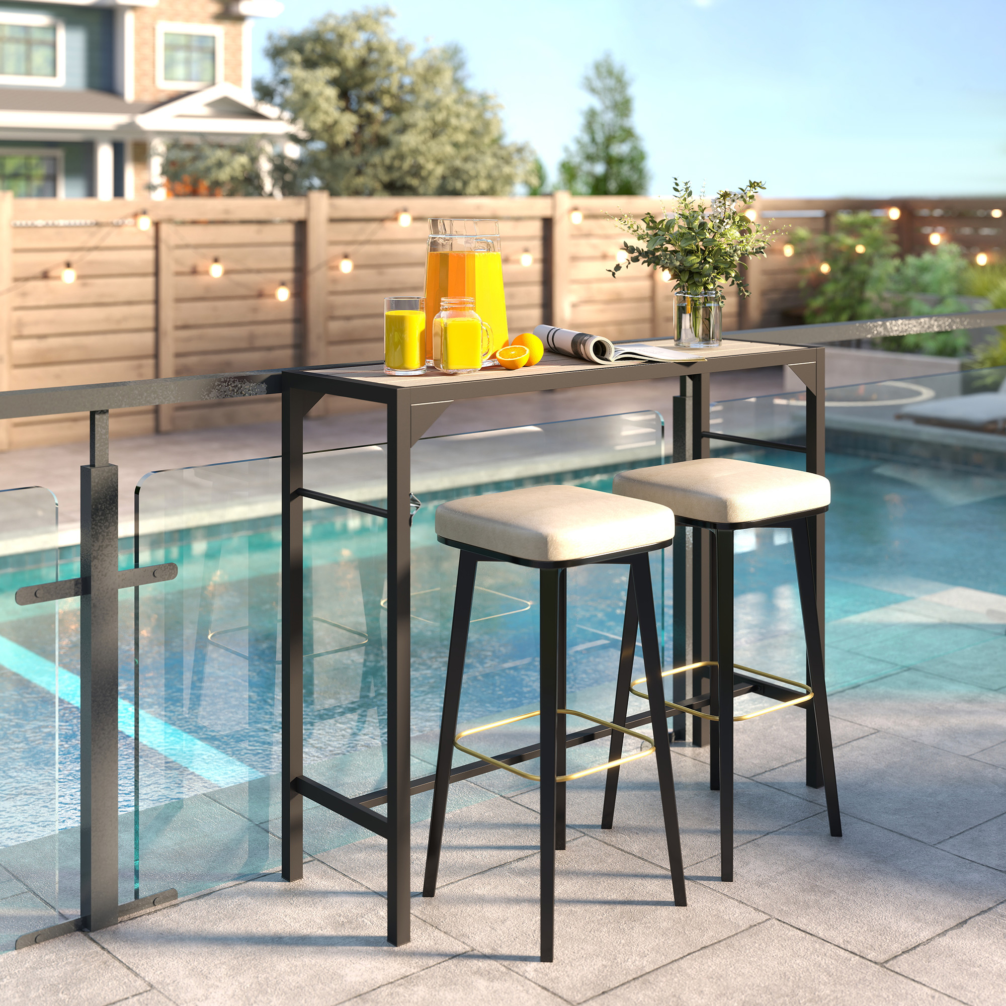 Bar Height Outdoor Table with Built-In Bottle Opener, Patio Bar Table with Wood Grain Plastic Top, 47.2" x 15" x 39" - Image 6