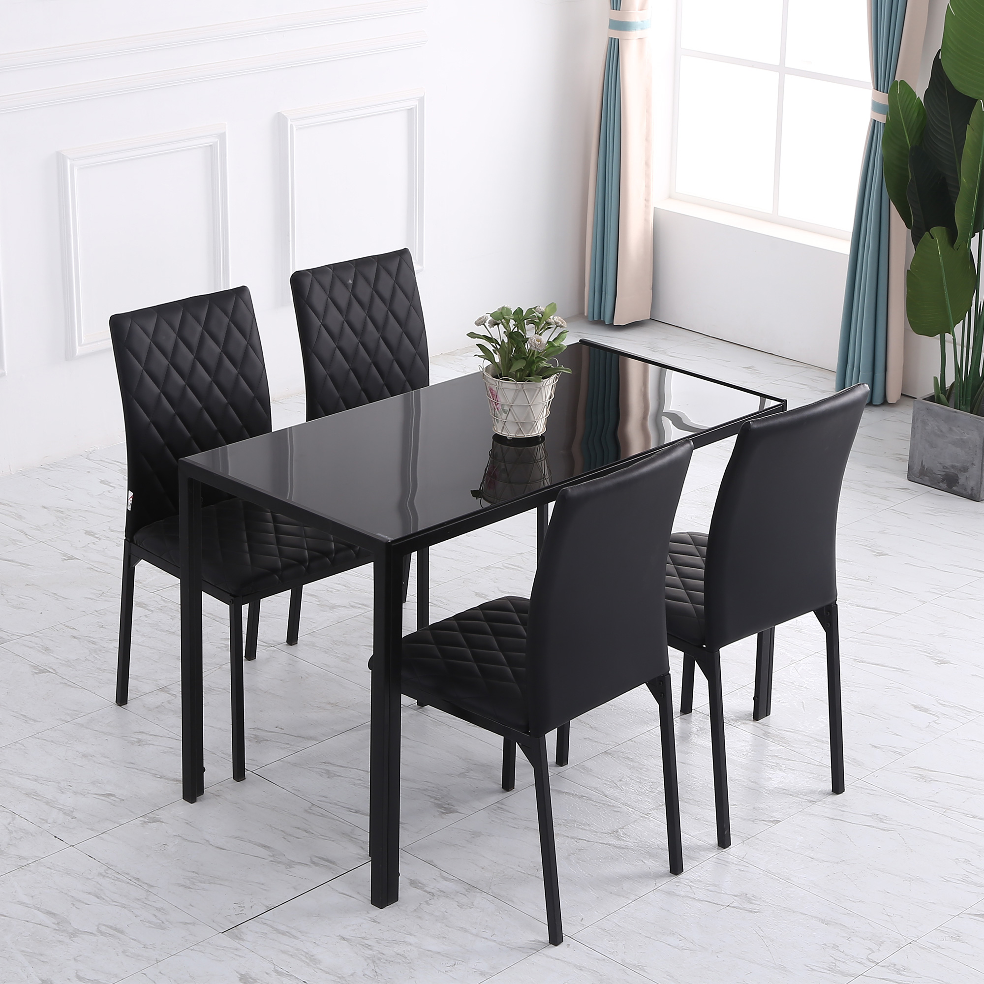 Modern Dining Chairs Set of 4, Upholstered Faux Leather Kitchen Chairs with Rhombic Tufting and Metal Legs for Living Room, Black - Image 4