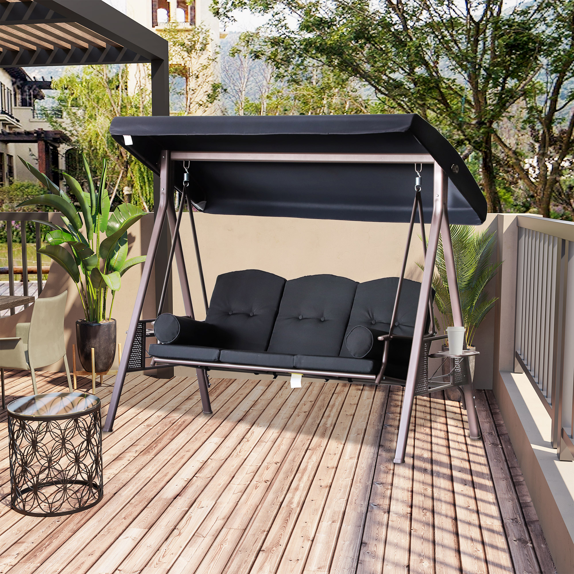 Outdoor Patio 3-Person Steel Canopy Cushioned Seat Bench Swing with Included Side Trays & Padded Comfort, Black - Image 6