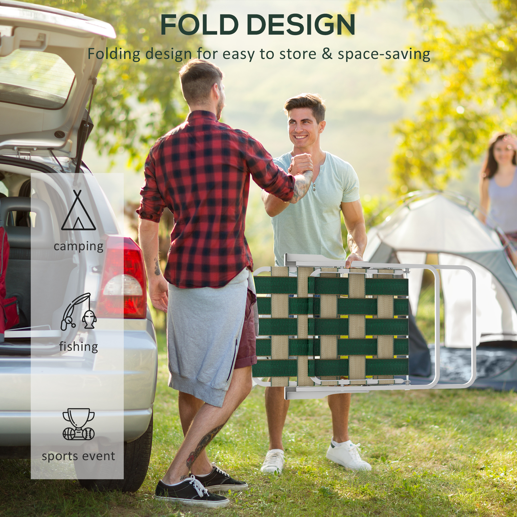 Set of 2 Folding Patio Chairs, Portable Chair Set with Armrests for Camping, Garden, Pool, Beach, Backyard, Green - Image 3