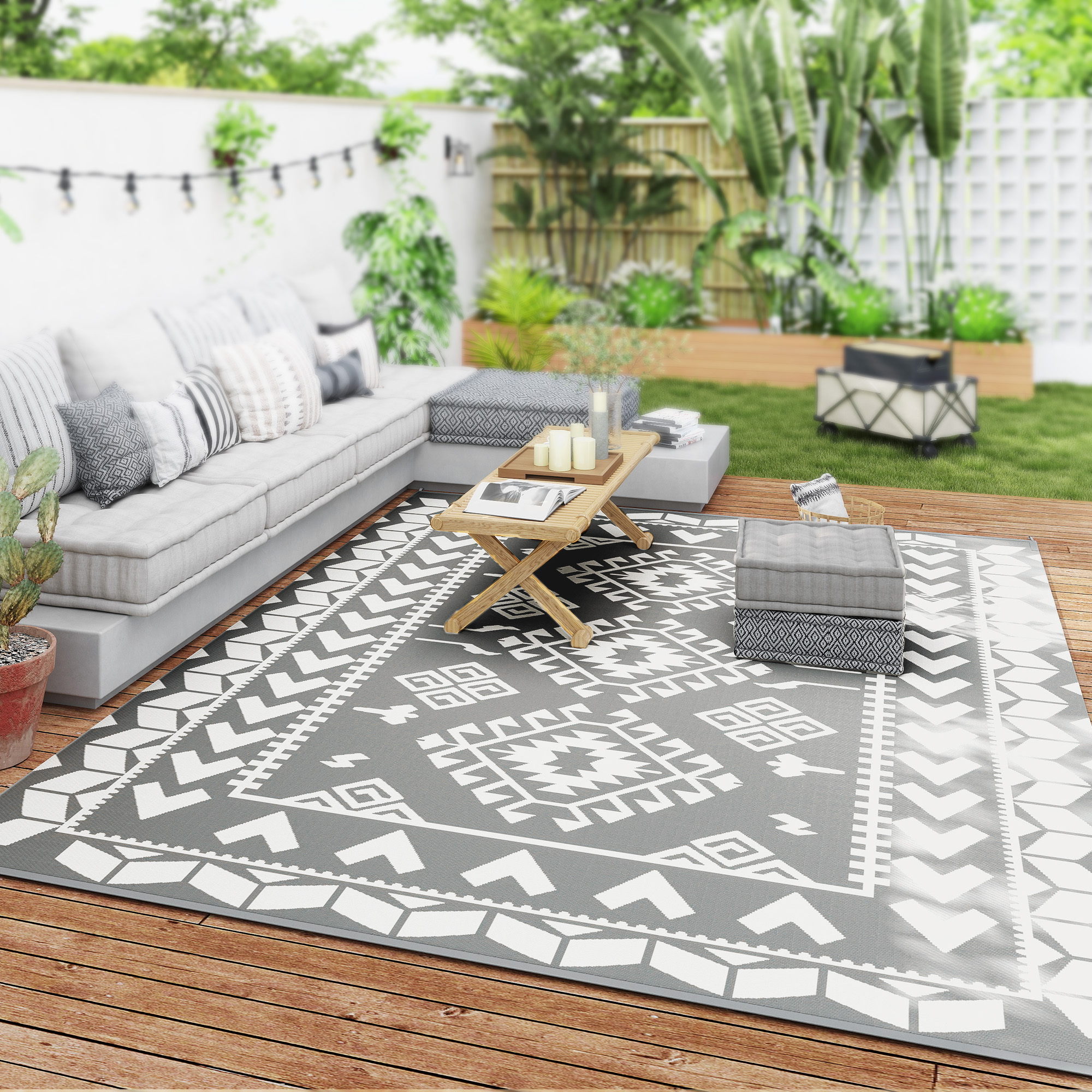 9' x 12' Outdoor RV Rug, Reversible Patio Floor Mat with Carry Bag, Rhombus Patchwork, Grey and White - Image 6