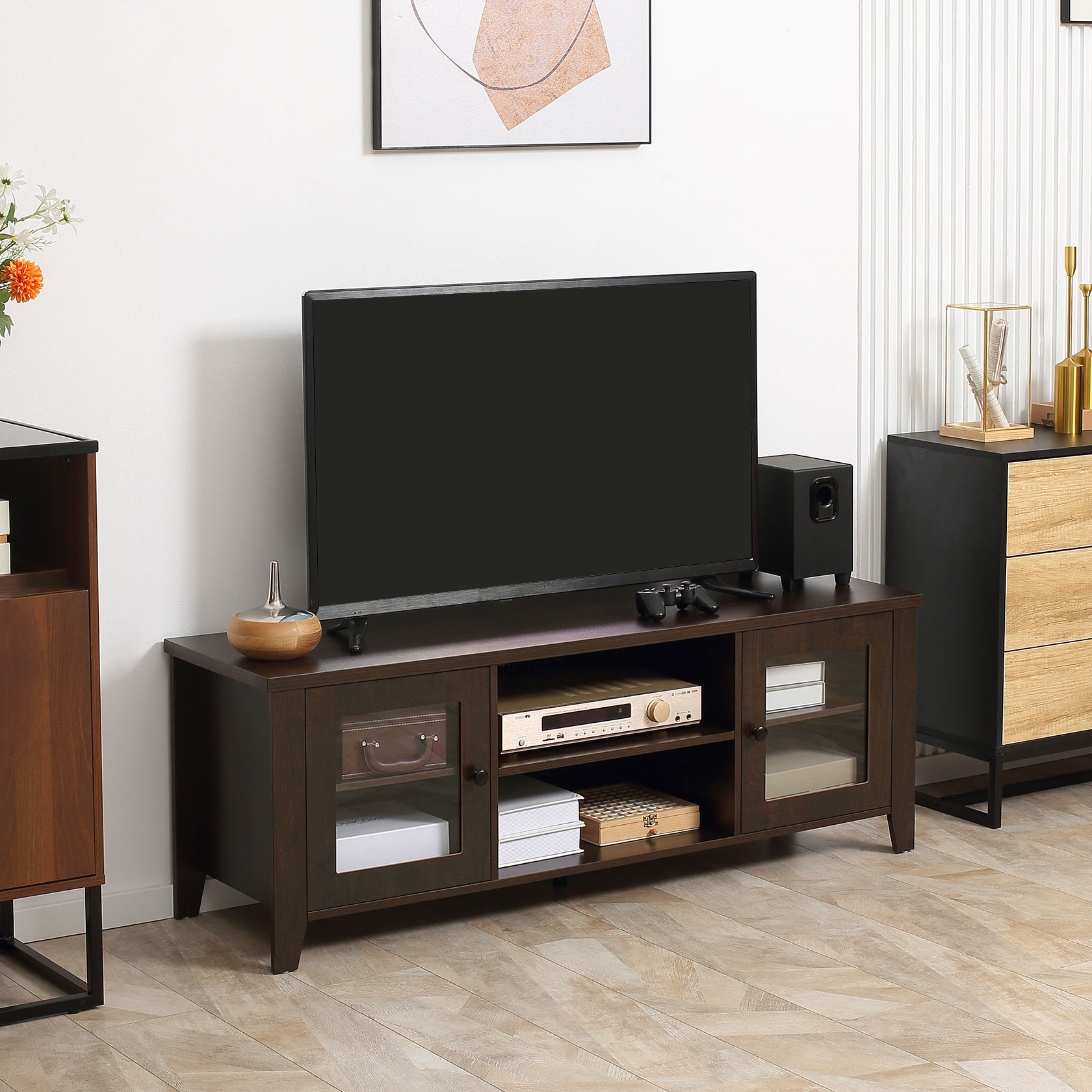 Fireplace TV Stand for TVs up to 60 inches, Wood TV Cabinet w/ Storage Doors or Living Room, Office, Coffee - Image 6