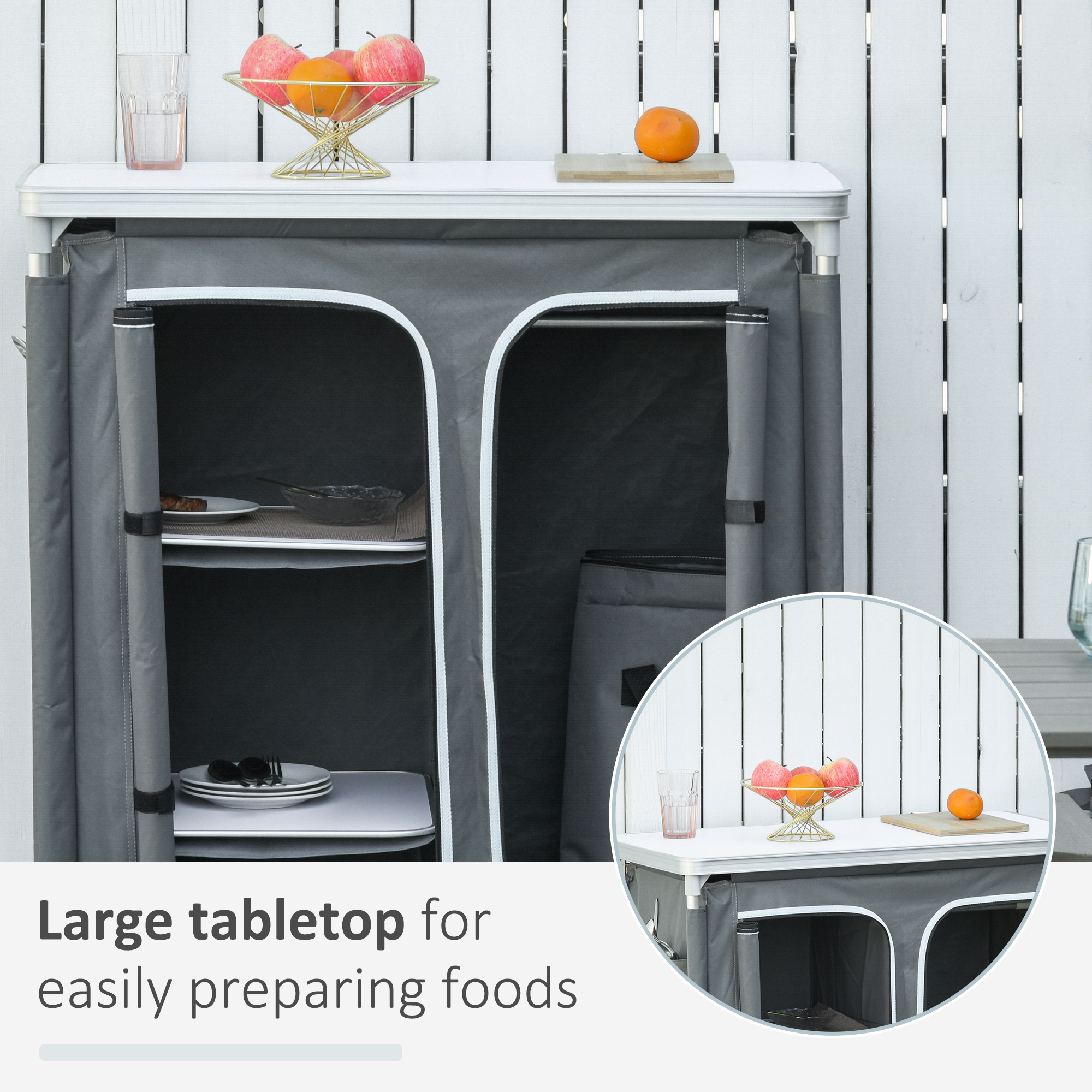 Aluminum Camping Table, Camping Kitchen Station Cook Cupborad with 3-Shelf, Storage Organiser for BBQ Party Picnic Grey - Image 2