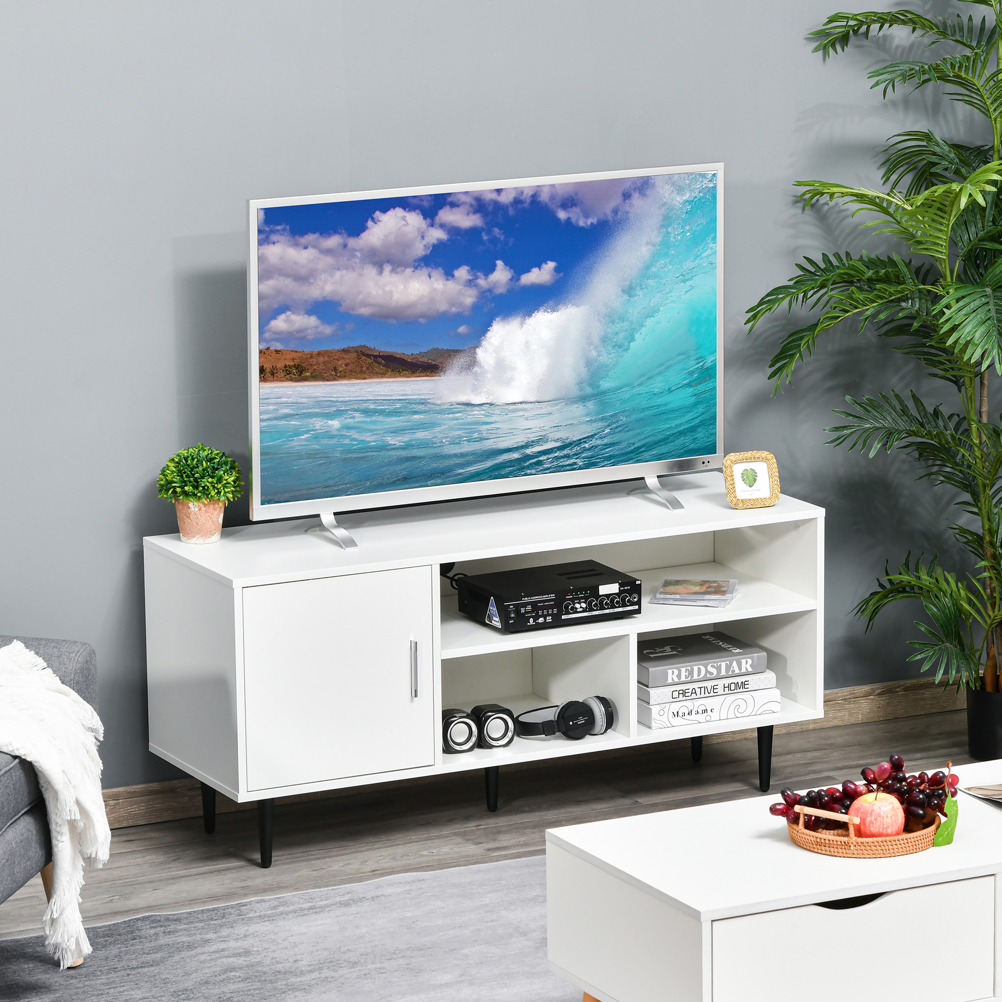 Modern TV Stand Cabinet for TVs up to 60 Inches with Storage Shelf, Cable Hole, Home Entertainment Unit Center, for Living Room Bedroom, White - Image 6