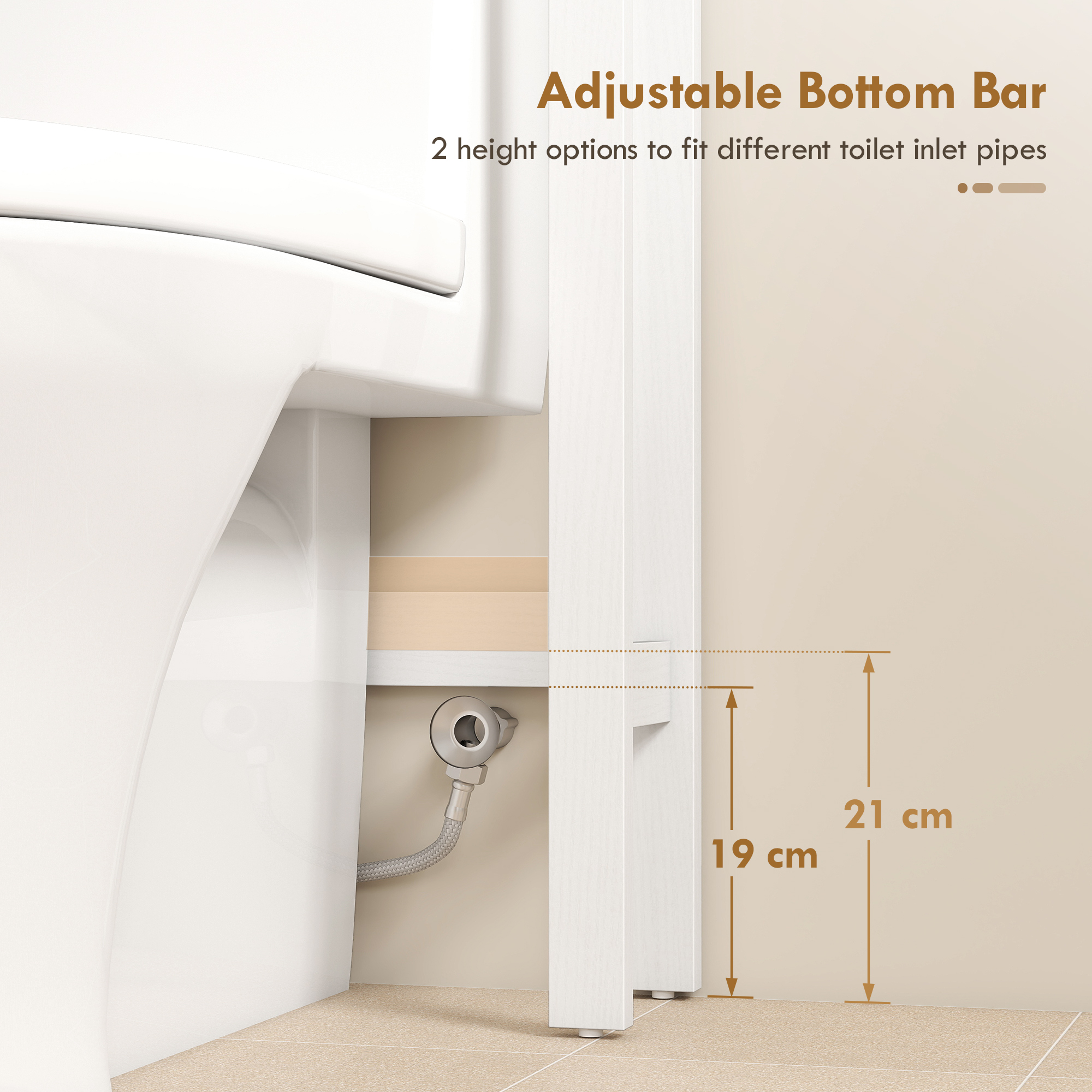 Over The Toilet Storage, Bathroom Cabinet Over Toilet with Open Shelf and Adjustable Bottom Bar, White - Image 3