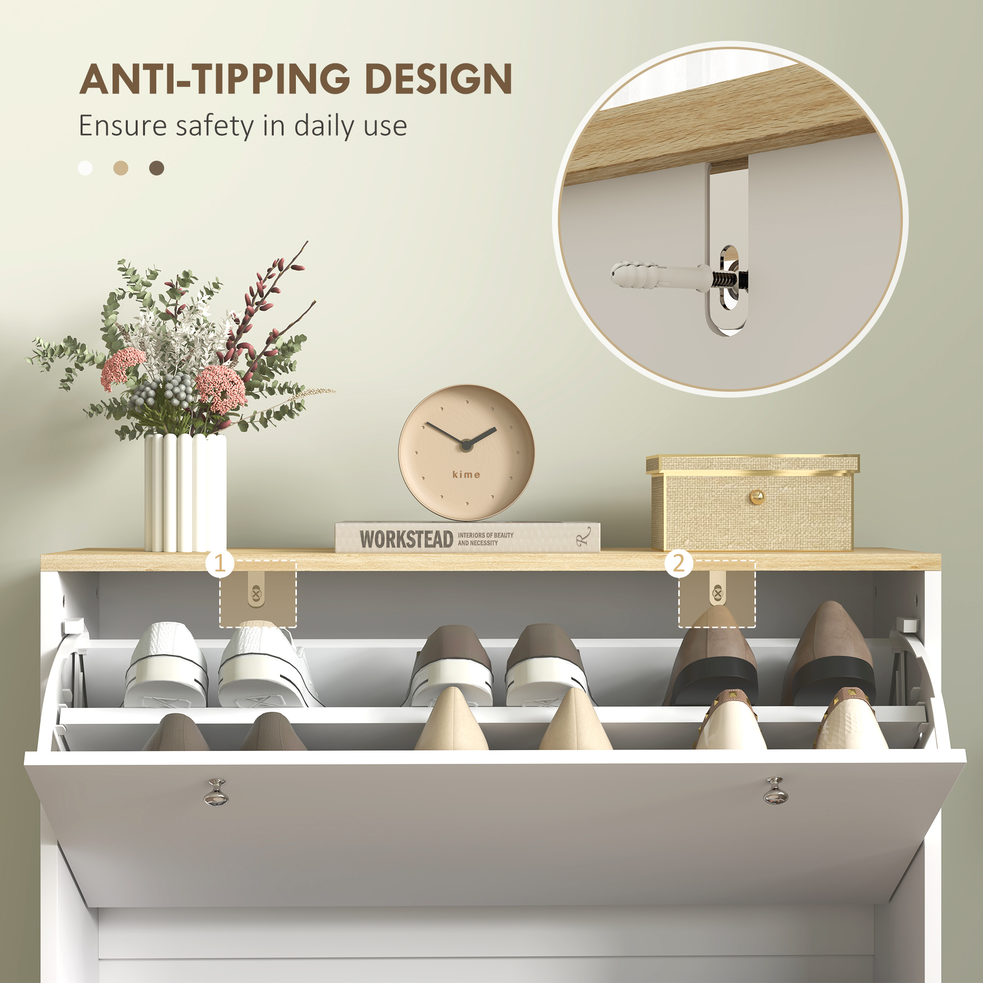 2 Drawers Shoe Storage Cabinet with Adjustable Shelves for 16 Pairs of Shoes, White - Image 5