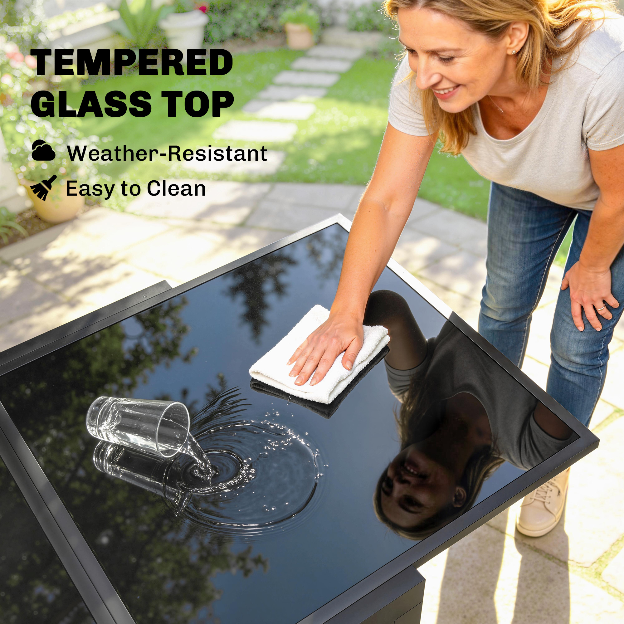 Aluminum Expandable Outdoor Dining Table with Tempered Glass Tabletop and Aluminum Frame, for Garden, Backyard, Black - Image 4