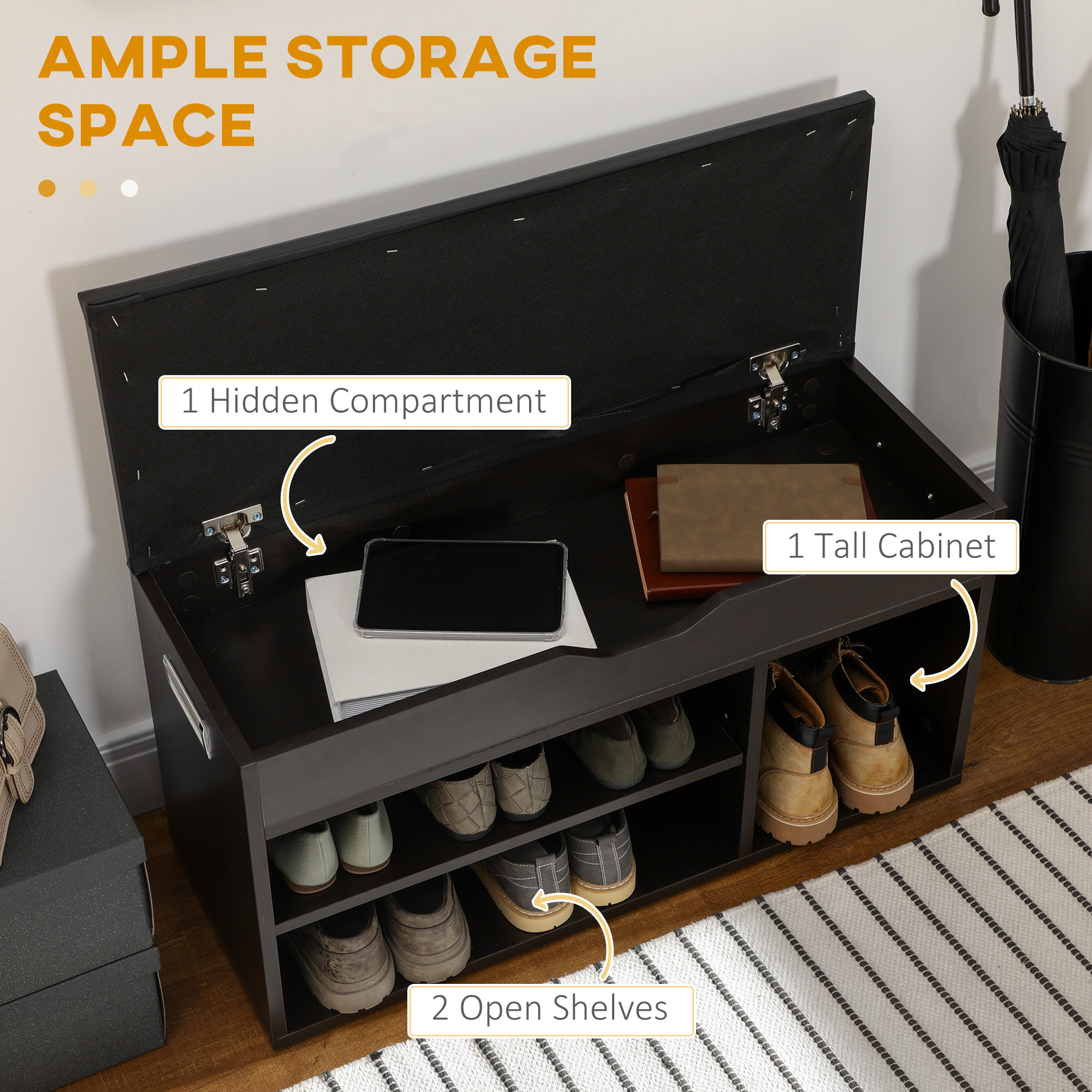 Shoe Bench Entryway Storage Rack with Padded Cushion, Hidden Storage for Hallway, Living Room, Black - Image 3