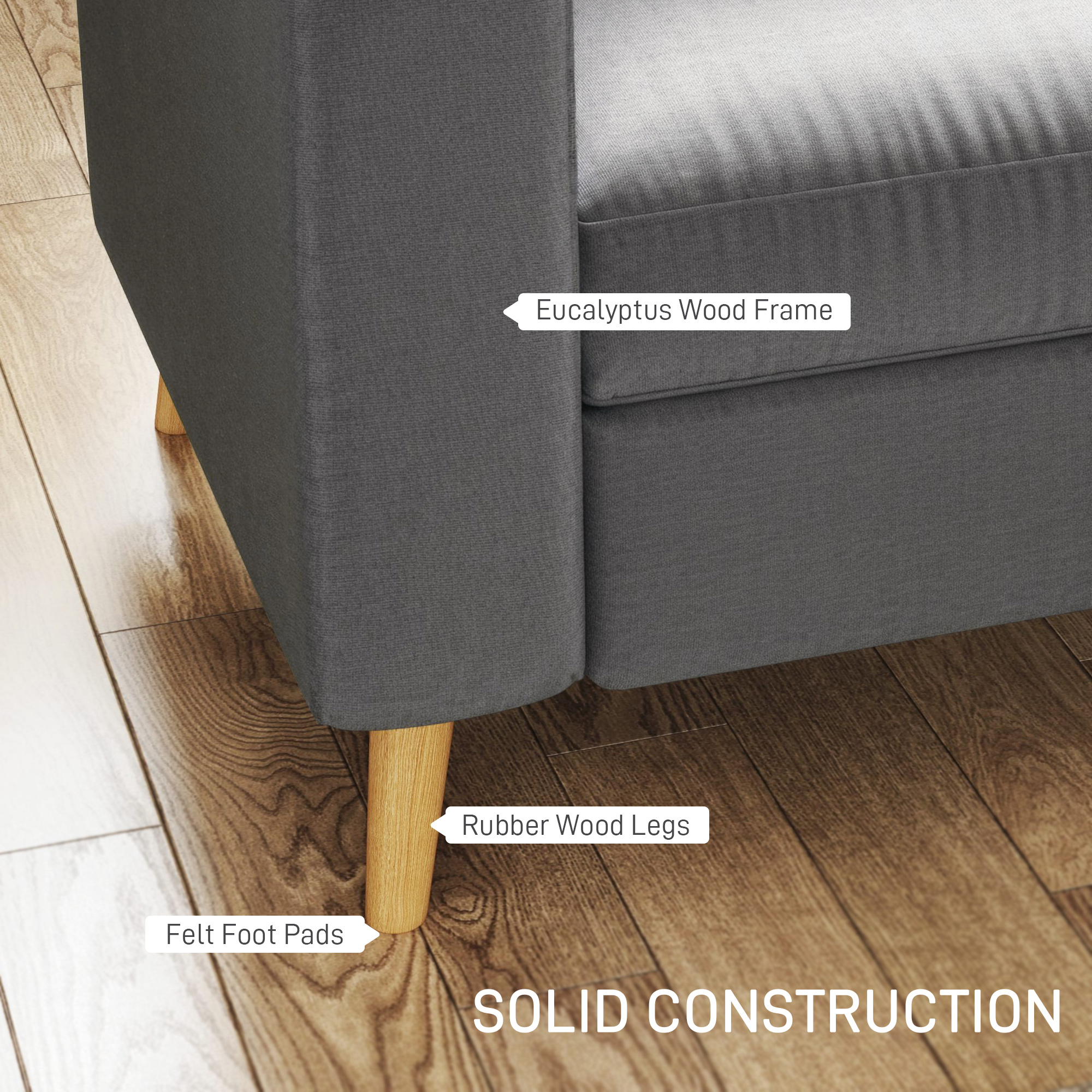 Sectional Sofa Couch, L Shaped Couch with Reversible Chaise, Wooden Legs for Living Room, Bedroom, Dark Grey - Image 4