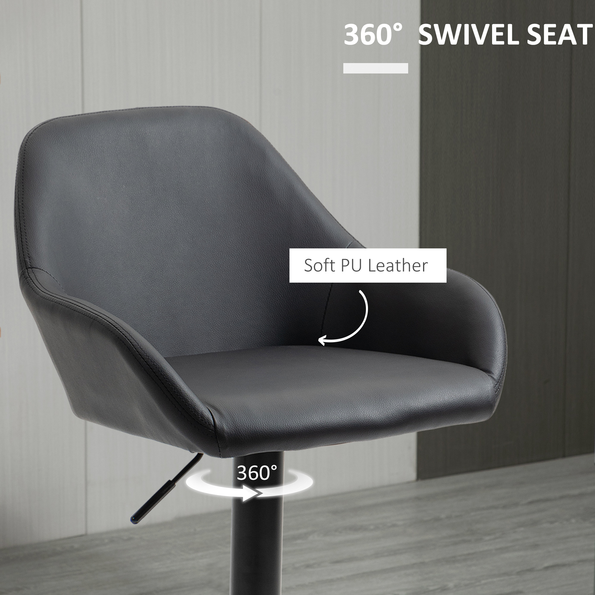 Adjustable Bar Stools Set of 2, Swivel Barstools with Footrest and Back, PU Leather and Steel Round Base, Black - Image 4