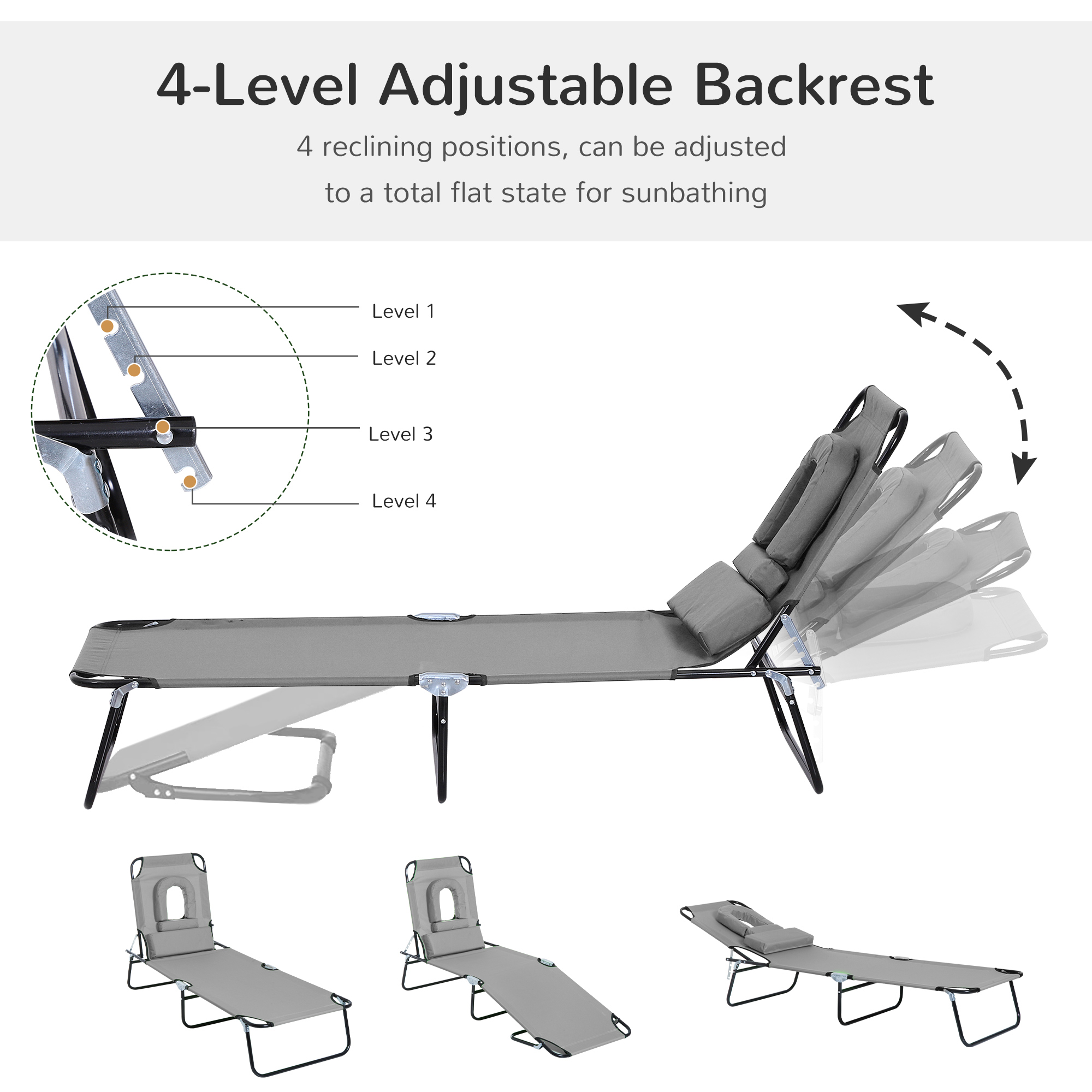 Adjustable Outdoor Lounge Chair, Garden Folding Chaise Lounge with Face Hole Reclining Tanning Chair Seat, Folding Camping Beach Lounging Bed w/ Support Pillow, Grey - Image 2