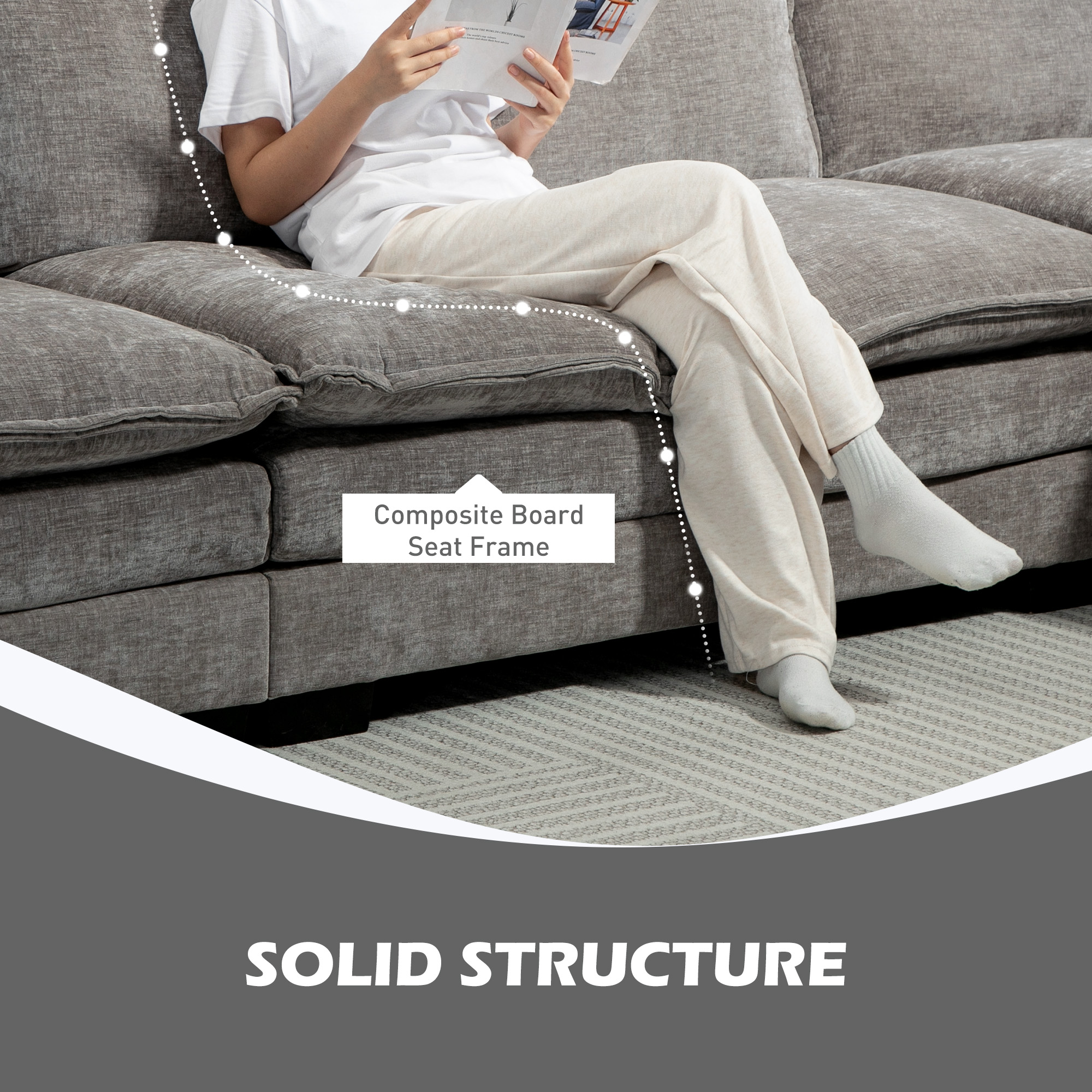 Sofa Couch with Chaise Lounge, Chenille L-shaped Couch with Double-layer Seat Cushion for Living Room, Grey - Image 5