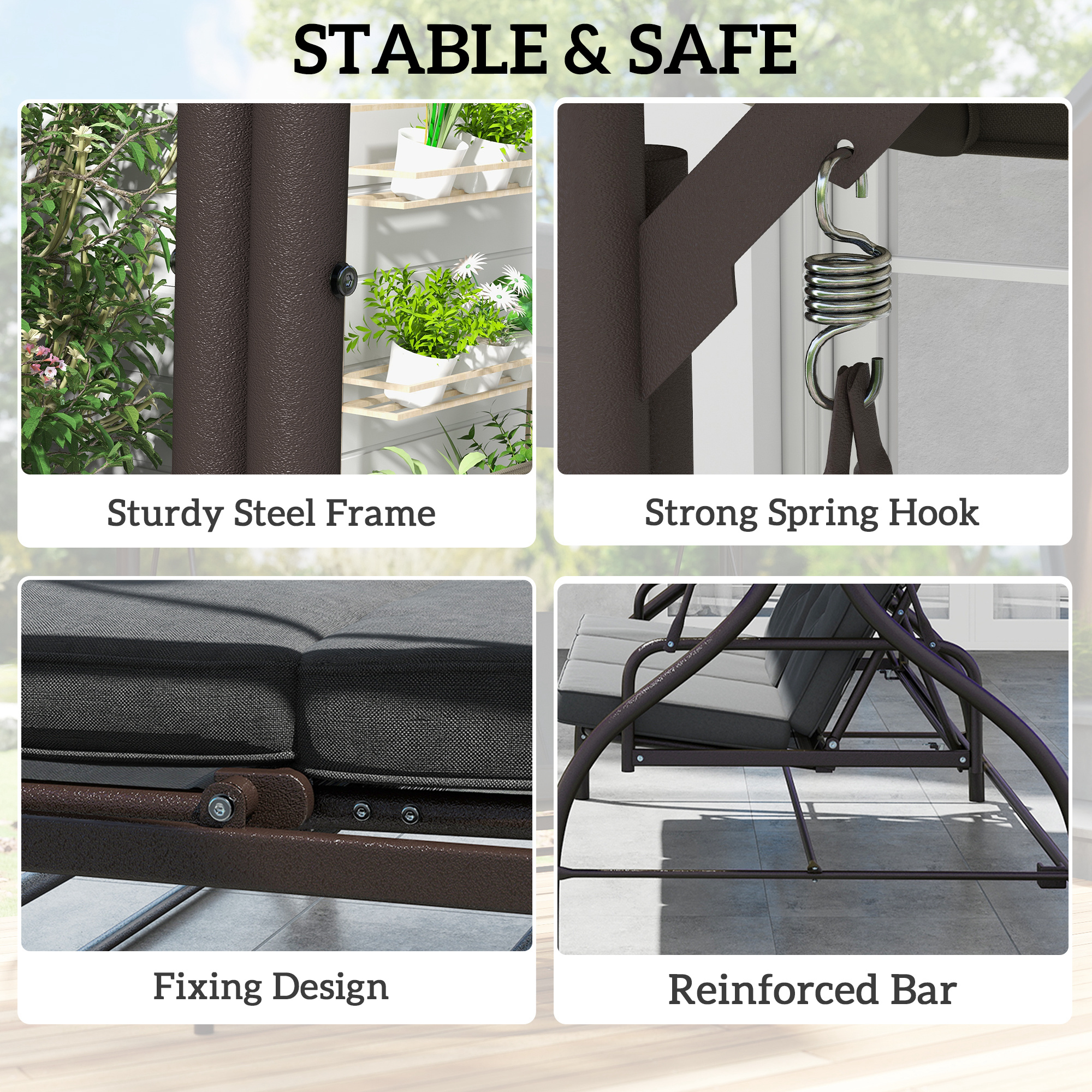 Convertible Patio Swing Bed with Canopy and Cushions, 3 Seater Porch Swing for Outdoor, Backyard, Garden, Dark Grey - Image 4