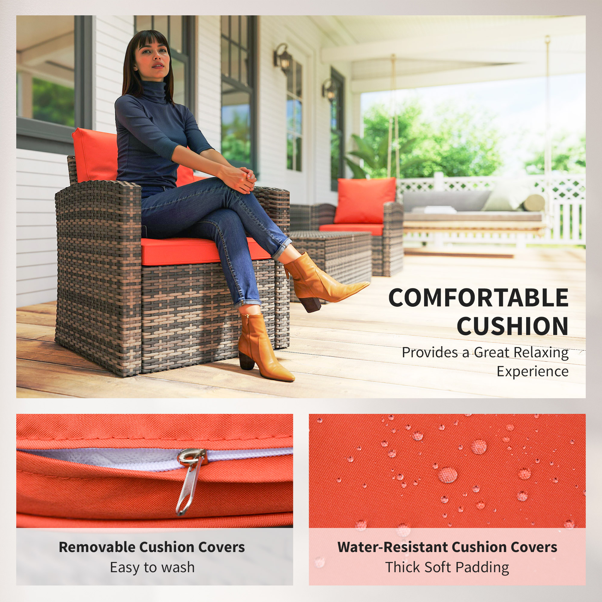 6 Pieces Wicker Patio Furniture Set with Cushions, 7-Seater Rattan Patio Sofa Set with Storage Table, Orange - Image 2