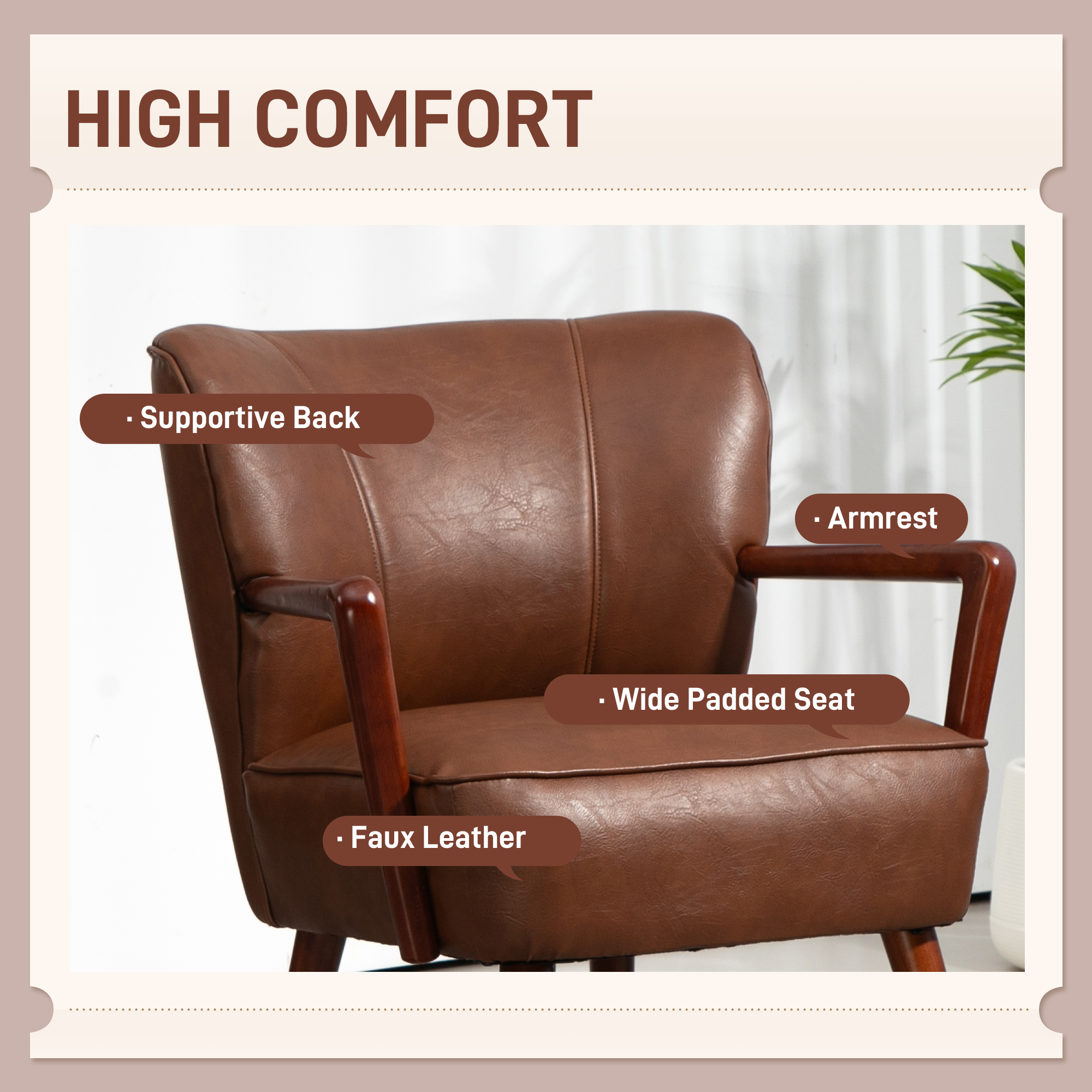 Accent Chair, Modern Armchair, Faux Leather Upholstered Living Room Chair with Wood Legs and Wide Padded Seat, Brown - Image 2