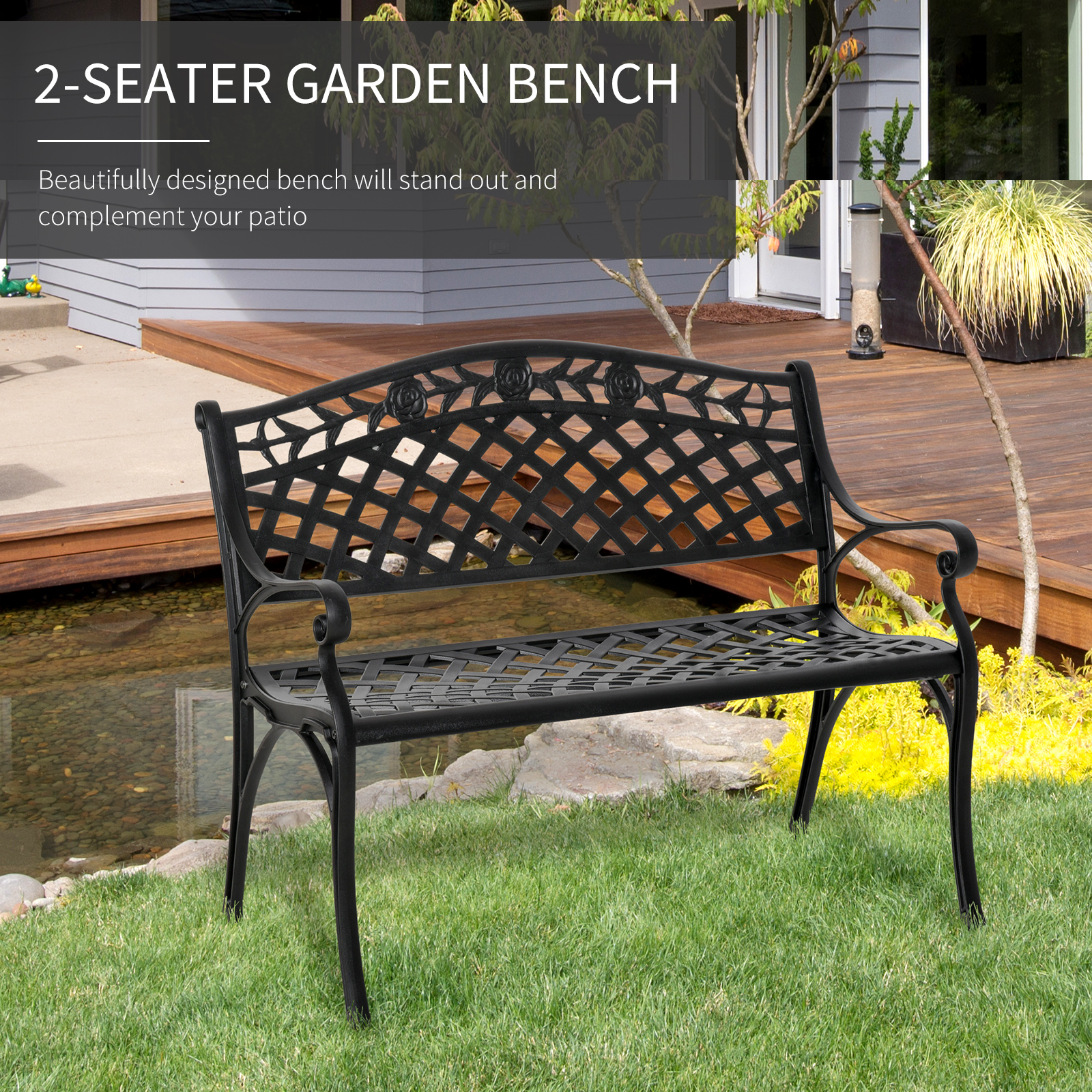 Outdoor Garden Bench, 40" Patio Bench with Aluminum Frame and Armrests, 2-Person Patio Loveseat with Floral Pattern for Park, Porch, Yard, Lawn, 485 LBS Capacity - Image 4