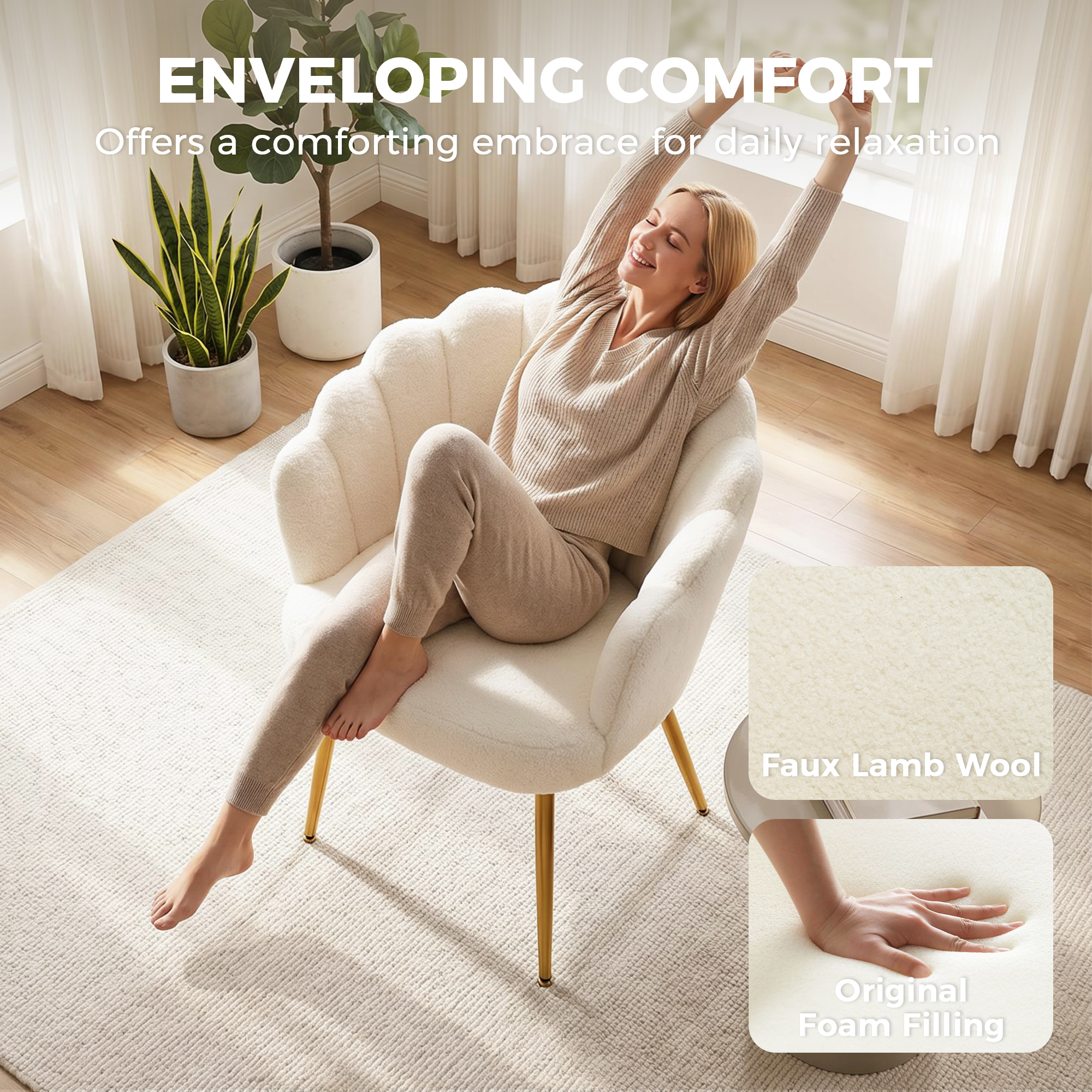 Accent Chair Petal-Back Design Modern Living Room Chair with Metal Legs Cream - Image 3