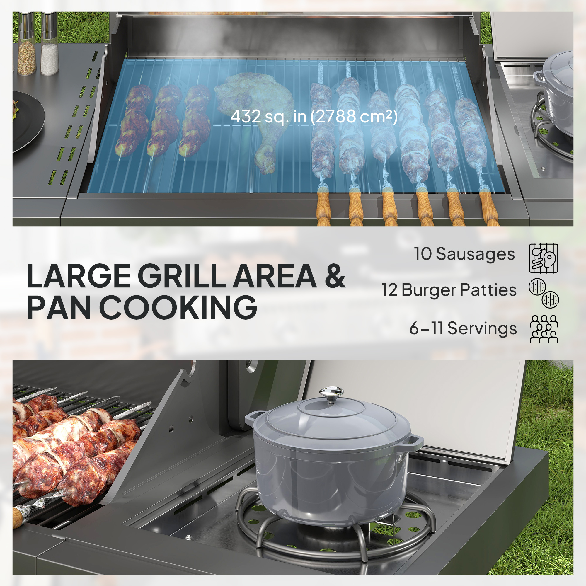 4+1 Burner Liquid Propane Gas Grill Outdoor Portable BBQ with Side Burner, Warming Rack, Side Shelf, Storage Cabinet, Thermometer, 4 Wheels, Tank Holder, Silver - Image 2